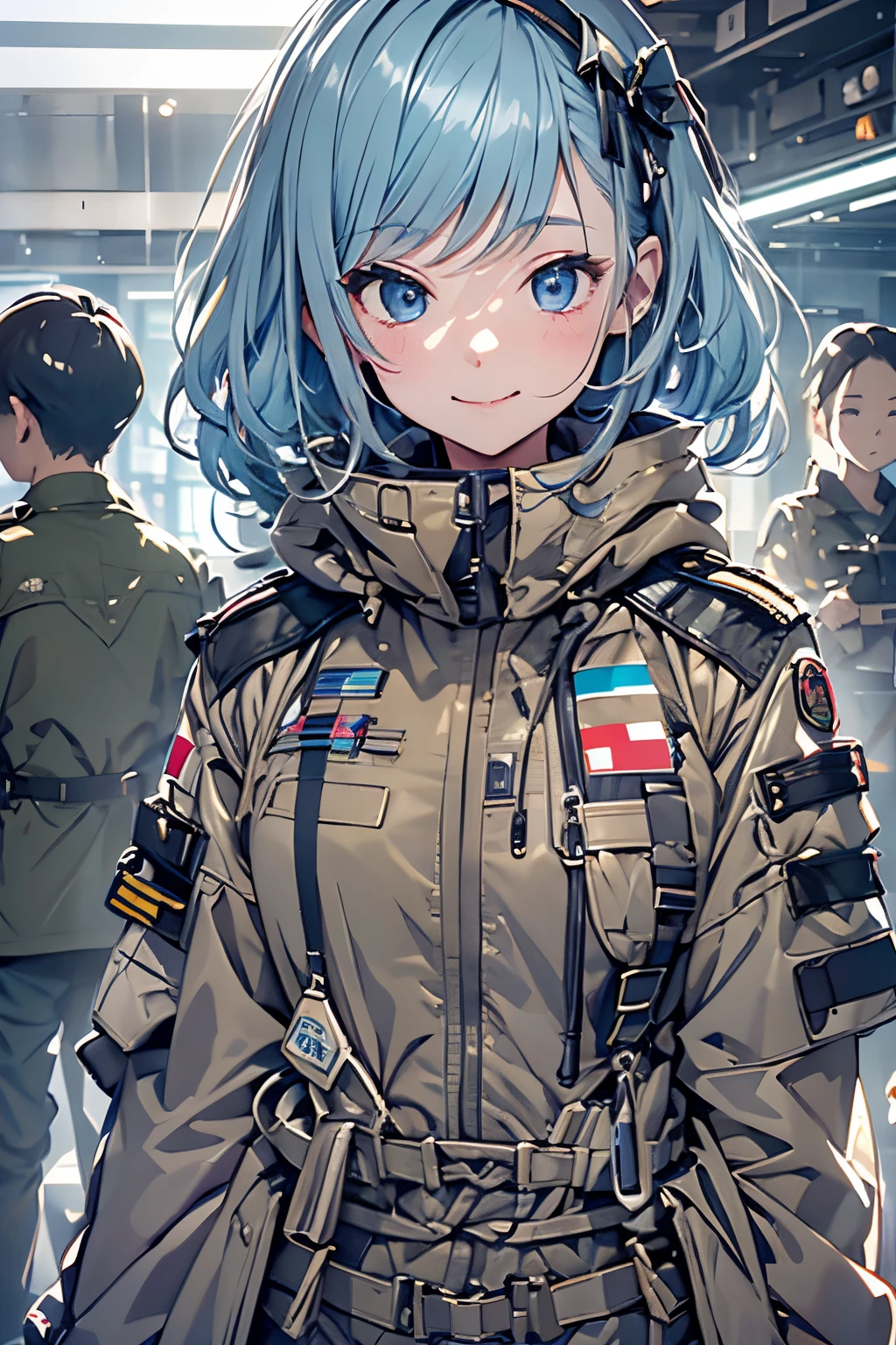 A futuristic world,a perfect illustration of artifical intelliengence,After 5143, 8K, Extremely detailed , flawless，hyperdetailed face，****************，Eight-headed body，Silky light blue hair，Bitgirl，Background of the near future，During night combat，Smile，Dress Type，Wear a khaki troop jacket,Japan representative jacket、With flag patch、matrix、blade nana