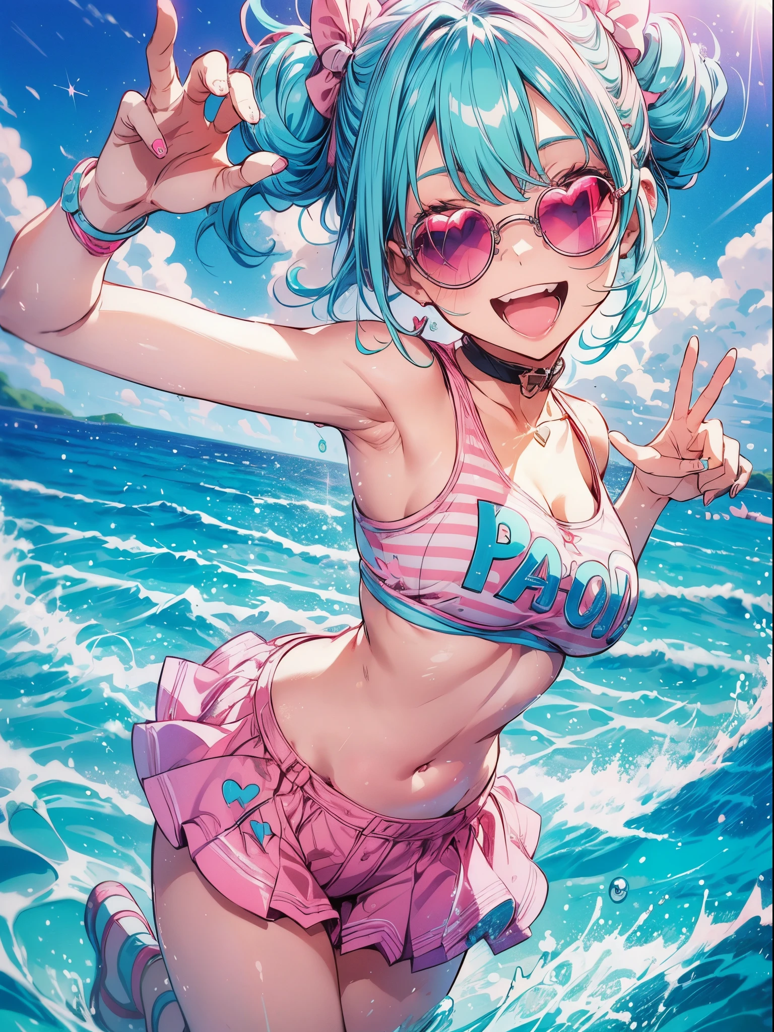 american pop theme ,Vibrant colors,1 cute lovely girl,Cute smile,Peace,(short drill twin tails:1.2),(aqua hair,Pink eyes:1.2),(Round sunglasses,Pink Lens :1.2),(Smile while winking :1.2),croptop,large boob,cleavage,Navel ,Stomach,Denim Micro Hot Pants,knee height above stripes,sparkly eyes,Beautiful and detailed eyes,glowing pale skin,(Cute Pose :1.2),Splash,Summer lighting,Cinematic Angel,(,Hyper realistic, Perfect Anatomy, Perfect five fingers