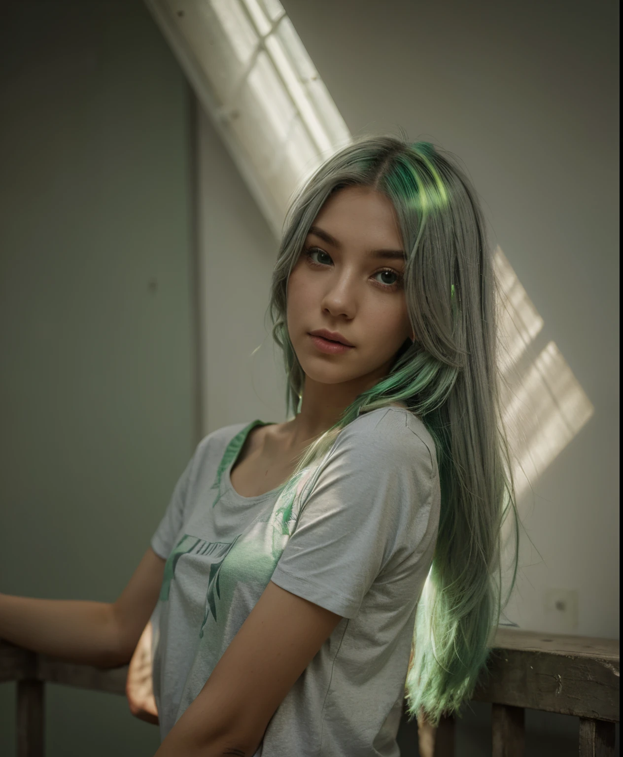 gray t-shirt color, 1girl, light green hair color, mapping light,