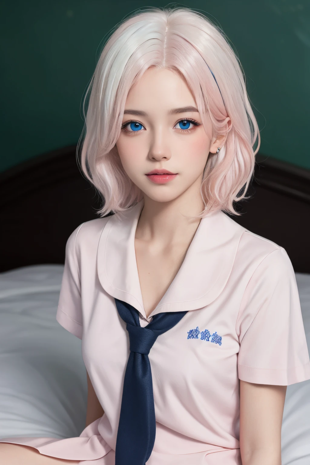 (masterpiece), (high quality), (8k resolution), (RAW photo), (best quality), (masterpiece:1.5), (realistic:1.5), ((photo realistic)), vibrant details, hyper realistic,1girl, (cute:1.2), beautiful, high-quality and detailed face, perfect face, (white hair And light pink hair:1.4), rosy cheeks, detailed eyes, (blue eyes),colorful eyes,(watery eyes),nsfw,, slender body, looking at viewer, closed mouth, real human skin, shiny skin, mid breasts, ((school uniform)), sitting, bed,