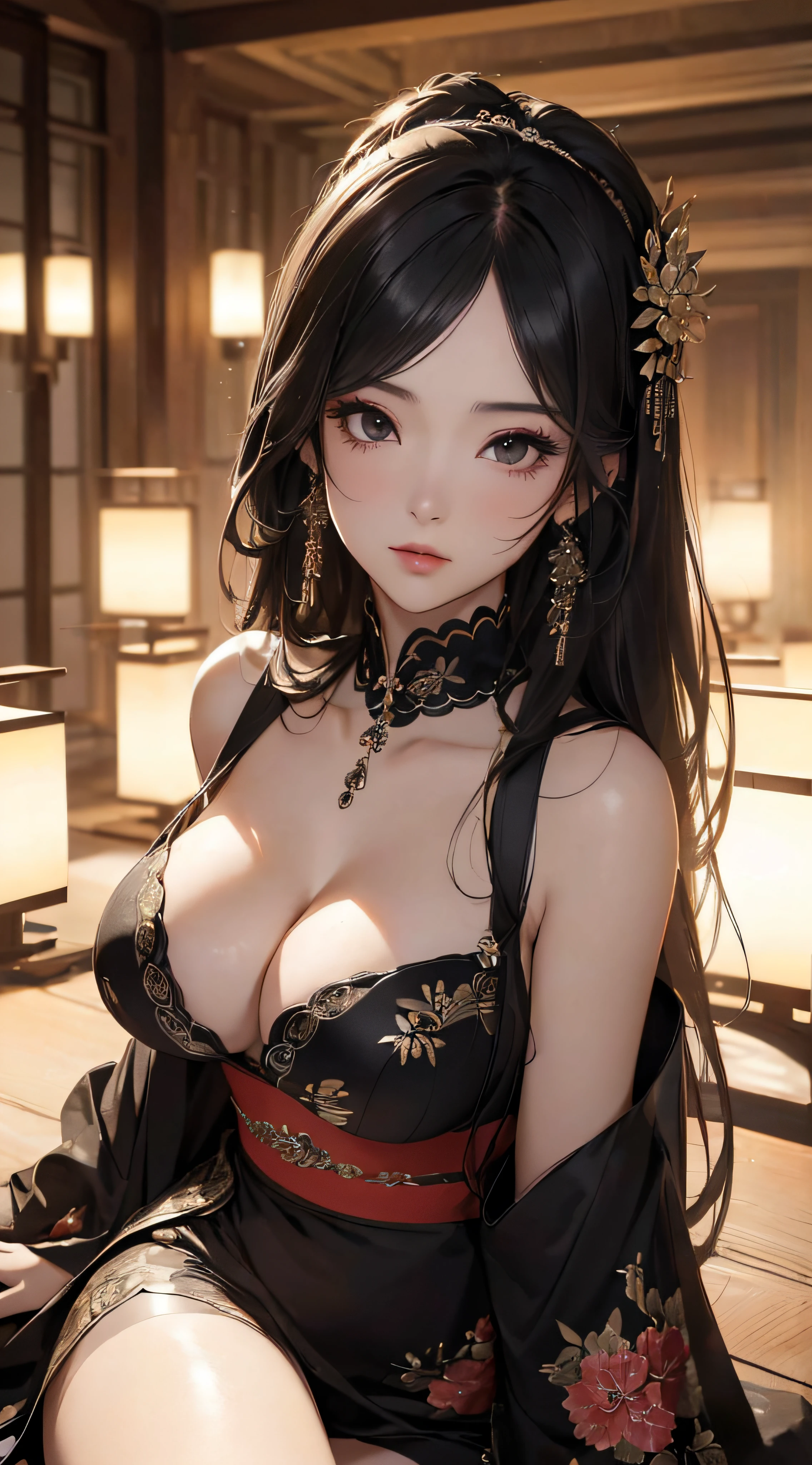 (((8k wallpaper of extremely detailed CG unit, ​masterpiece, 超A high resolution:1.2, top-quality:1.2, masutepiece))), ((extremely beautiful lady, extremely detailed beautiful face, Highly detailed black eyes, Very beautiful body, Top quality real texture skins, A dark-haired, de pele branca, Fancy makeup, sexy kimono, sitting on)), (Exposed cleavage, The front of the body is exposed:1.3, Exposed legs:1.3), paper lanterns:1.2, Eau, hyper realisitic, digitial painting,