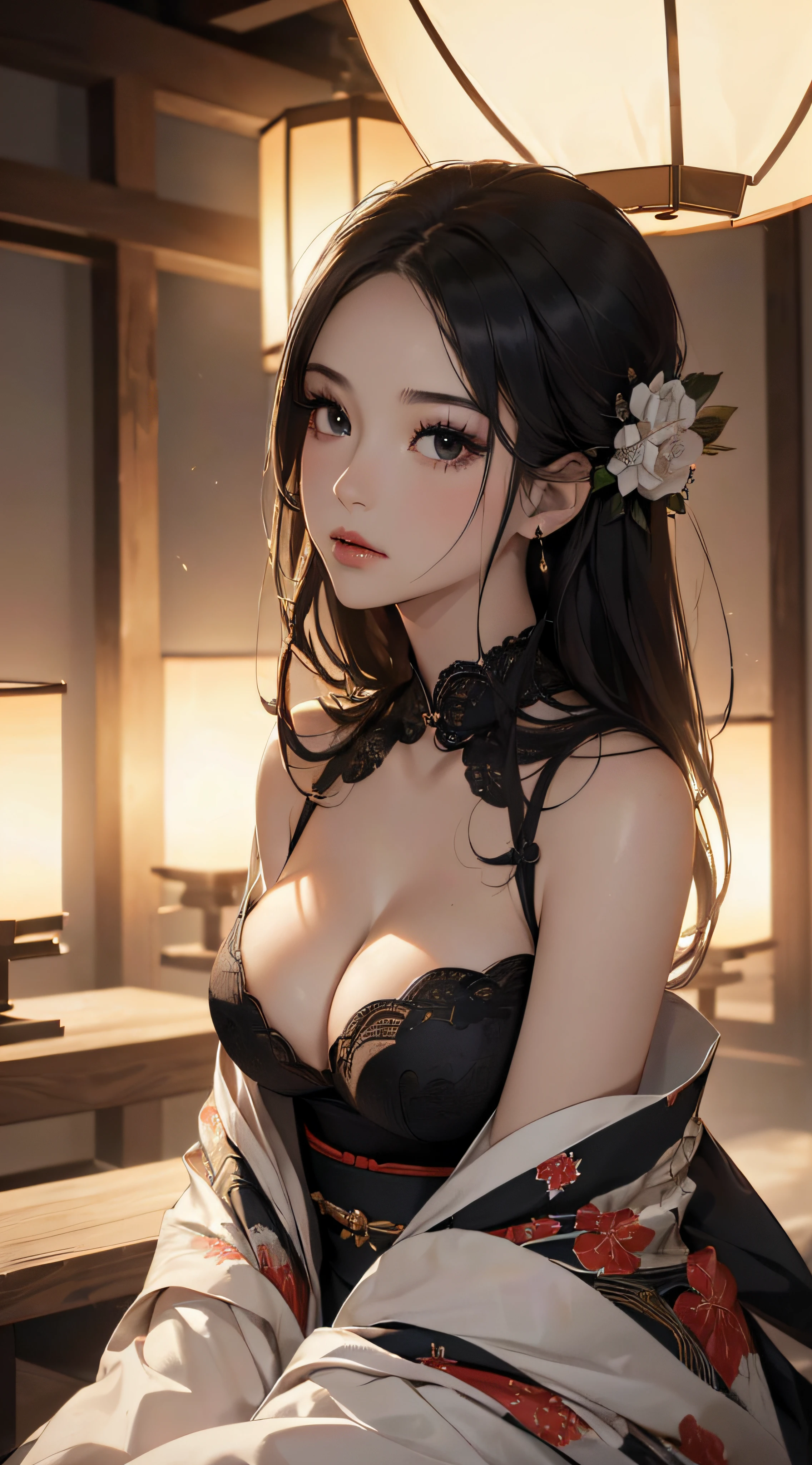 (((8k wallpaper of extremely detailed CG unit, masterpiece, 超A high resolution:1.2, top-quality:1.2, masutepiece))), ((extremely beautiful lady, extremely detailed beautiful face, Highly detailed black eyes, Very beautiful body, Top quality real texture skins, A dark-haired, de pele branca, Fancy makeup, sexy kimono, sitting on)), (Exposed cleavage, The front of the body is exposed:1.3, Exposed legs:1.3), paper lanterns:1.2, Eau, hyper realisitic, digitial painting,