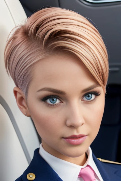 Petite 30 year old flight attendant with light strawberryblonde in a short undercut pixie style hair and striking blue eyes wearing eye liner, pink lips, in a uniform, detailed face