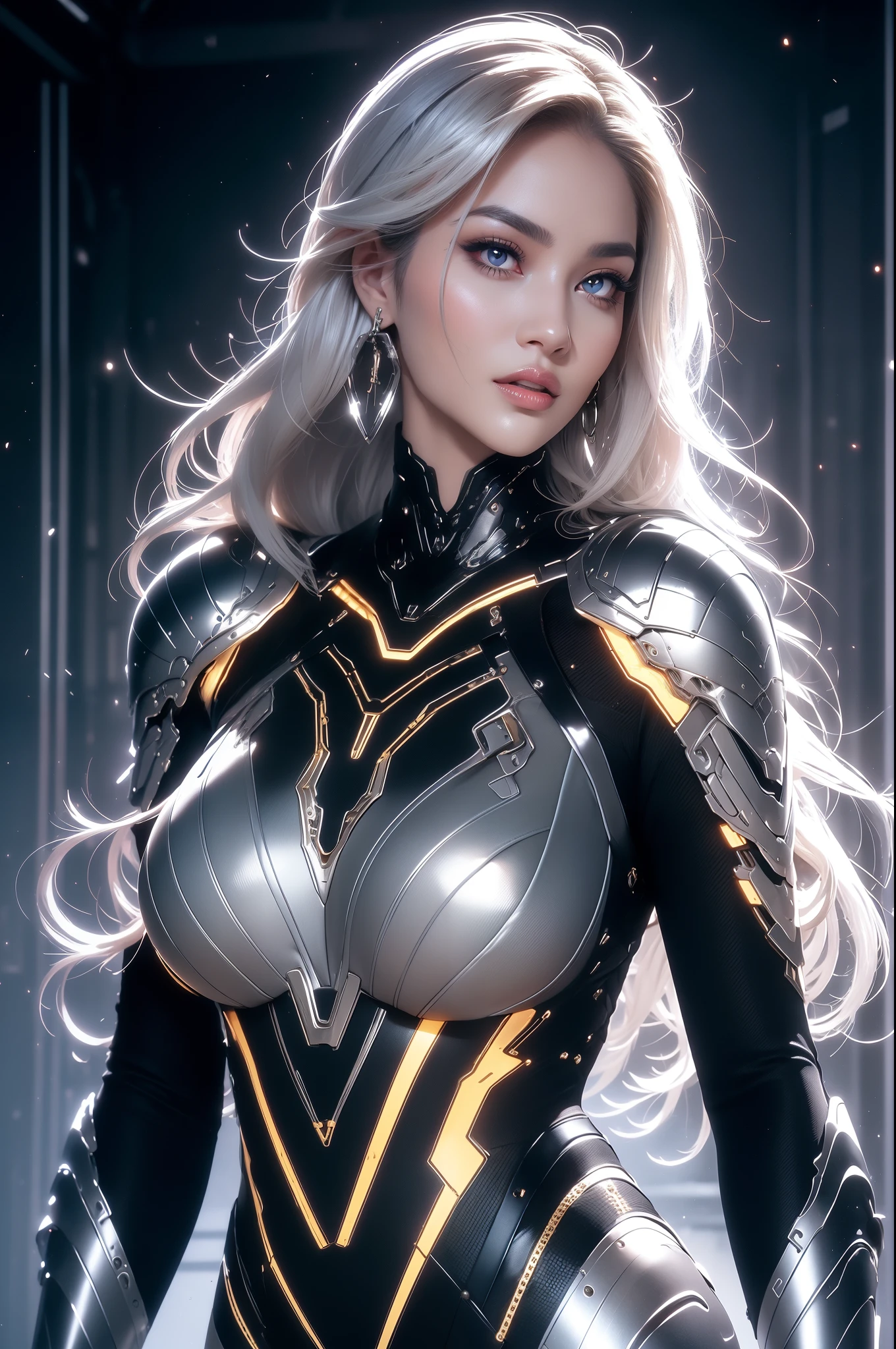 (masterpiece), best quality, expressive eyes, perfect face, beautiful details face, beautiful round eyes, upper body, A beautiful mature woman in cyber armour suit shows her Extremely busty and attractive breasts, (light smile), (platinum blue hair), glowing hair, multicolored hair, (random hairstyles, shiny hair, gradient hair, colored inner hair, (short straight hair), medium short hair), (covered chest), fair skin, (beautiful detailed full bodysuit:1.3), full body cyber armour, glowing and shining armor, silver and blue cyber armour,(Edge lights:1.3), (silver and blue colour scheme:1.3), neon light on Armor, beautiful details eyes, (midnight blue eyes:1.2), (glowing eyes:1.2), hair ornament, (Gigantic saggy breasts:1.5), thick body, (well accentuated curves), pink lips, (silver nails), mascara, Long eyelashes, eyeliner, (Extremely wide well defined hips:1.3), (beautiful massive thick muscular thighs:1.3), has a tall slender figure, (Extremely detailed skin texture:1.1), beautiful detailed realistic muscle definition, golden fireflies that shimmer, high detailed eyes, ultra-high quality model, proportionate, intense colouration fantasy, (background Spiral galaxy), beautiful background, gold and silver tetradic colours, earrings, detached sleeves, jewelry, earring, (), (1girl), solo,