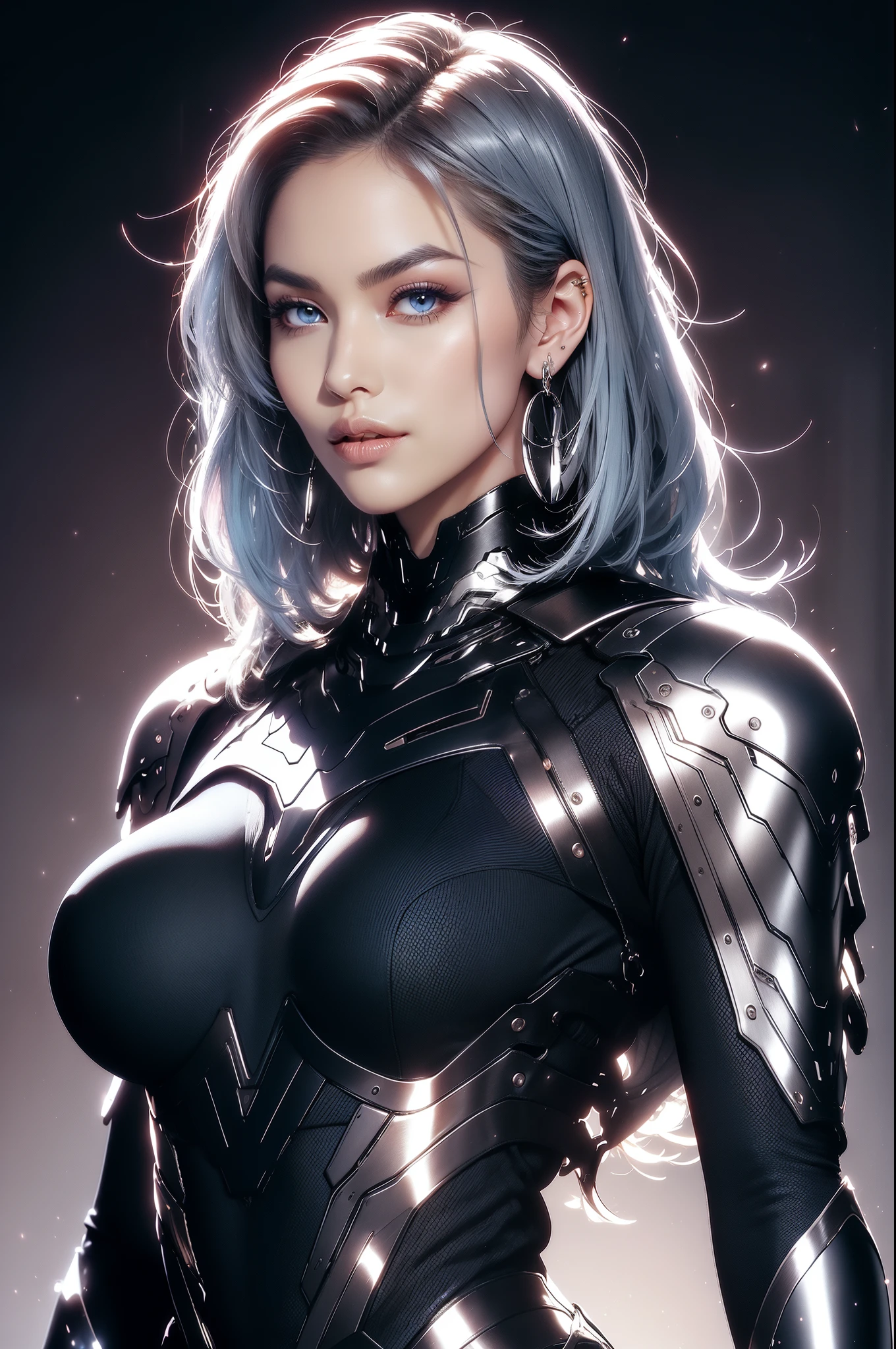 (masterpiece), best quality, expressive eyes, perfect face, beautiful details face, beautiful round eyes, upper body, A beautiful mature woman in cyber armour suit shows her Extremely busty and attractive breasts, (light smile), (midnight blue hair), glowing hair, multicolored hair, (random hairstyles, shiny hair, gradient hair, colored inner hair, (short straight hair),  medium short hair), (covered chest), fair skin, (beautiful detailed full bodysuit:1.3), full body cyber armour, glowing and shining armor, silver and blue cyber armour,(Edge lights:1.3), (silver and blue colour scheme:1.3), neon light on Armor, beautiful details eyes, (midnight blue eyes:1.2), (glowing eyes:1.2), hair ornament, (Gigantic saggy breasts:1.3), thick body, (well accentuated curves), pink lips, (silver nails), mascara, Long eyelashes, eyeliner, (Extremely wide well defined hips:1.3), (beautiful massive thick muscular thighs:1.3), has a tall slender figure, (Extremely detailed skin texture:1.1), beautiful detailed realistic muscle definition, golden fireflies that shimmer, high detailed eyes, ultra-high quality model, proportionate, intense colouration fantasy, (background Spiral galaxy), beautiful background, gold and silver tetradic colours, earrings, detached sleeves, jewelry, earring, (1girl), solo,