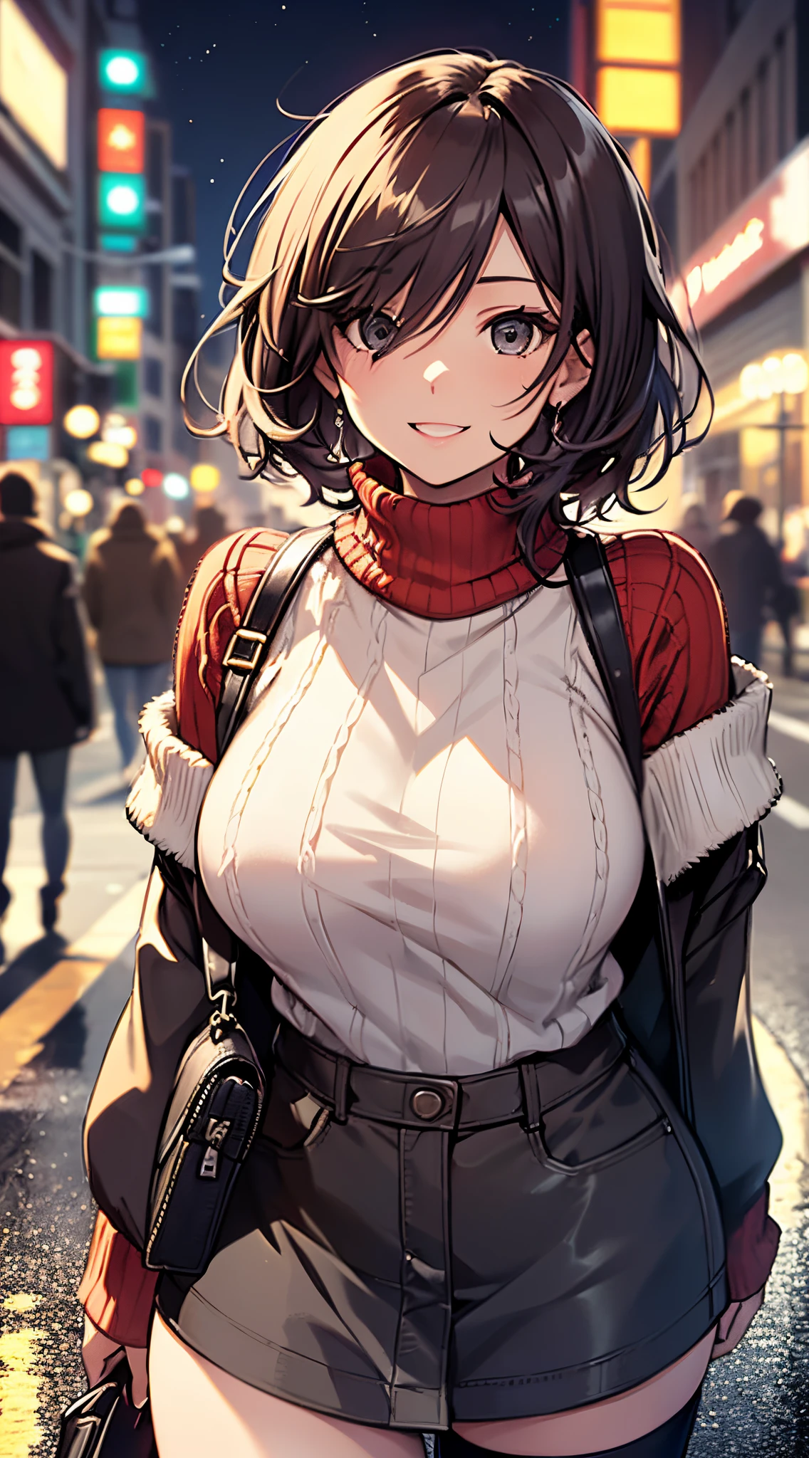 top-quality、supreme1People Girls,hightquality,A detailed face、A detailed eye、Detailed nose、Detailed mouth、 Beautiful expression, ((masuter piece)), ((High resolution)), ((Best Quality)), detail, (Excited face.Very happy,),(Off-shoulder knit sweater、Tight mini skirt、Black stockings、long boots、One bag)、 girl with, Red-haired, (short-hair)、Standing figure、fair white skin:1.3、、Big breasts, cinmatic lighting, perfectly shaded,(((On the street at night))), Realistic lighting with shades,Reflecting the whole body