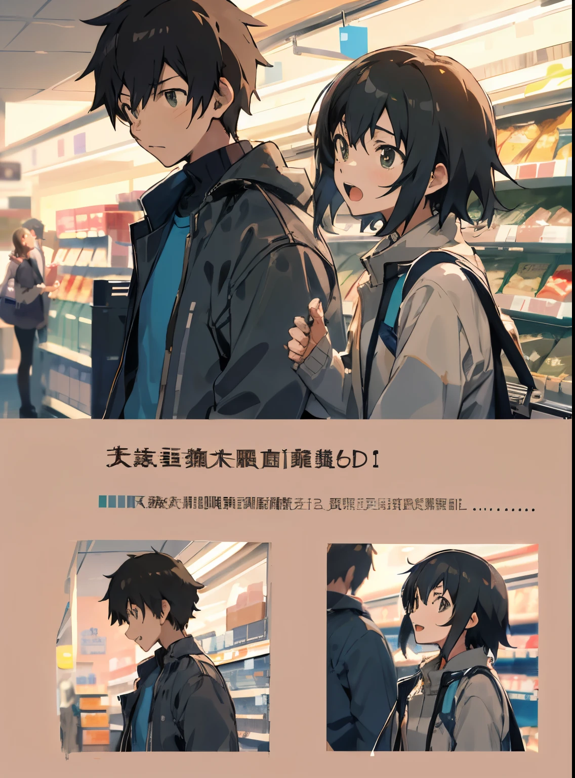 Estilo de Makoto Shinkai,couple,a young man and a woman,modern day,Visit the supermarket,Vivid expressions,There is a sense of interactivity。