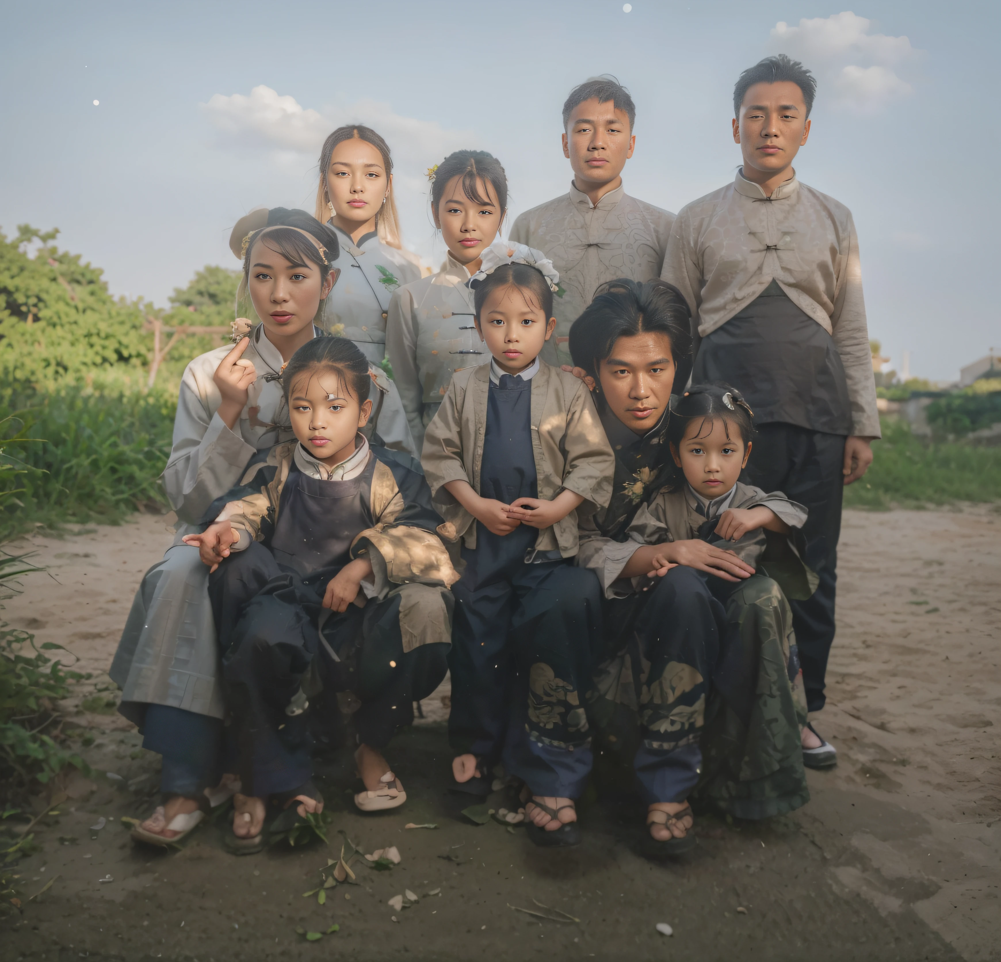 Chinese family group photo，in the wild，Green plants in the background，There are white clouds and blue sky，Wearing traditional Chinese clothing with a stand collar，Face emaciation，without a beard，Good facial features，Symmetrical facial features，The ears are symmetrical and clear，Ultra-clear and realistic facial features，He was wearing traditional Chinese clothing，The texture of the clothes is clear，Ultra-clear texture，Camera shooting effect，Light and shadow are natural，Symmetrical clothes，The collar is symmetrical and coordinated，Ultra-clear realistic 8K,Women&#39;s facial features are symmetrical，beautiful and natural hair，Symmetrical collar，Very detailed eyes and face,hyper-detailing, High definition, Very detailed, Best quality, Masterpiece, , Realistis, Real, 8K wallpaper,(Photorealistic: 1.2) (Bokeh: 1.2) (Best quality) (Color grading) (Detailed skins: 1.3) (complex) (8K)(Movie lighting: 1.3) (Sharp focus), Glossy glossy skin, Front-facing Ultra HD, Digital SLR, Soft lighting, High quality, Skin texture, filmgrain, Close up, 超高分辨率,