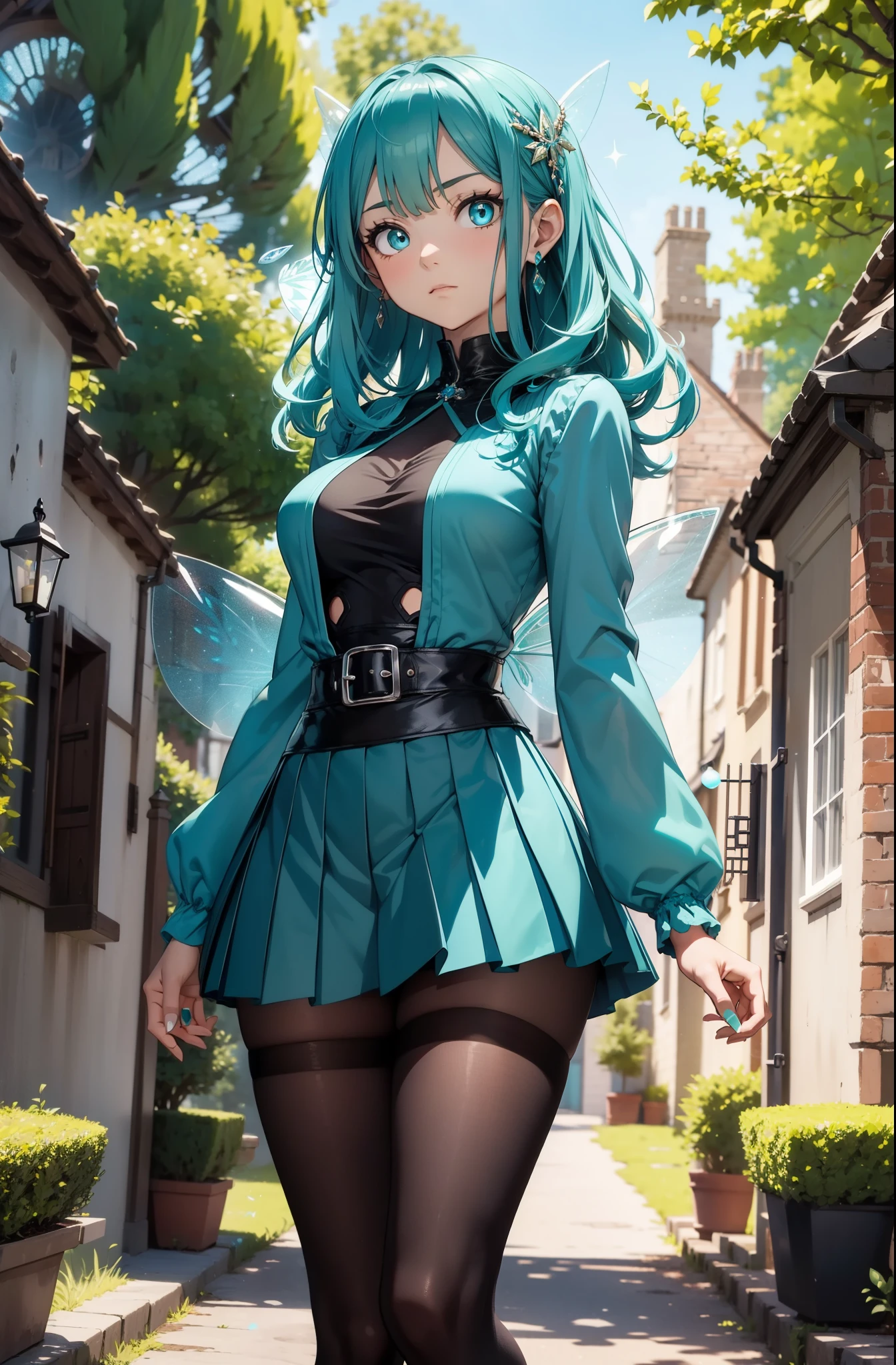(Best quality), (masterpiece), (ultra detail), A cute girl, highly detailed face, indifferent facial expression, teal crystal eyes, turquoise hair, full body, in the country side castle in England like , BREAK (black tights), (one piece dress with short pleated skirt), (short skirt),  (hourglass figure), BREAK (levitating), (has fairy wings on back), (teal aura around body)