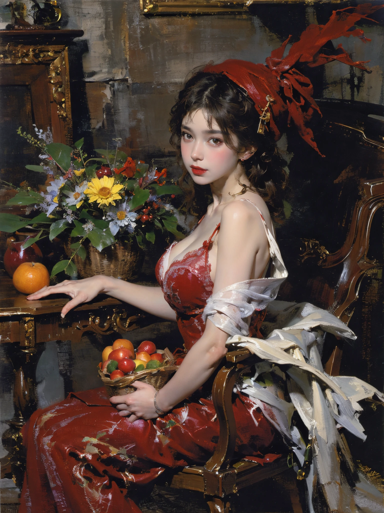 Depicting the girl in red meeting the wolves,Quiet and harmonious atmosphere,Dramatic composition,Warm color palette,Correct anatomy,Detailed face, Detailed eyes,(Girls wear:red shawl,Red Hat,laced dress,Red Hat, cloaks, big bust bra, a skirt, Red dress,Carrying a basket of fruit),Background with:allure,natural lightting, Candy House,a fairy world,((Sexual suggestiveness)),Attractions,(post impressionist),,(Fechin Oil Painting - Fechin Oil Painting , oil painted), Smiling, Close-up cleavage,Charming and sexy legs,01, cleavage, sexy, thigh