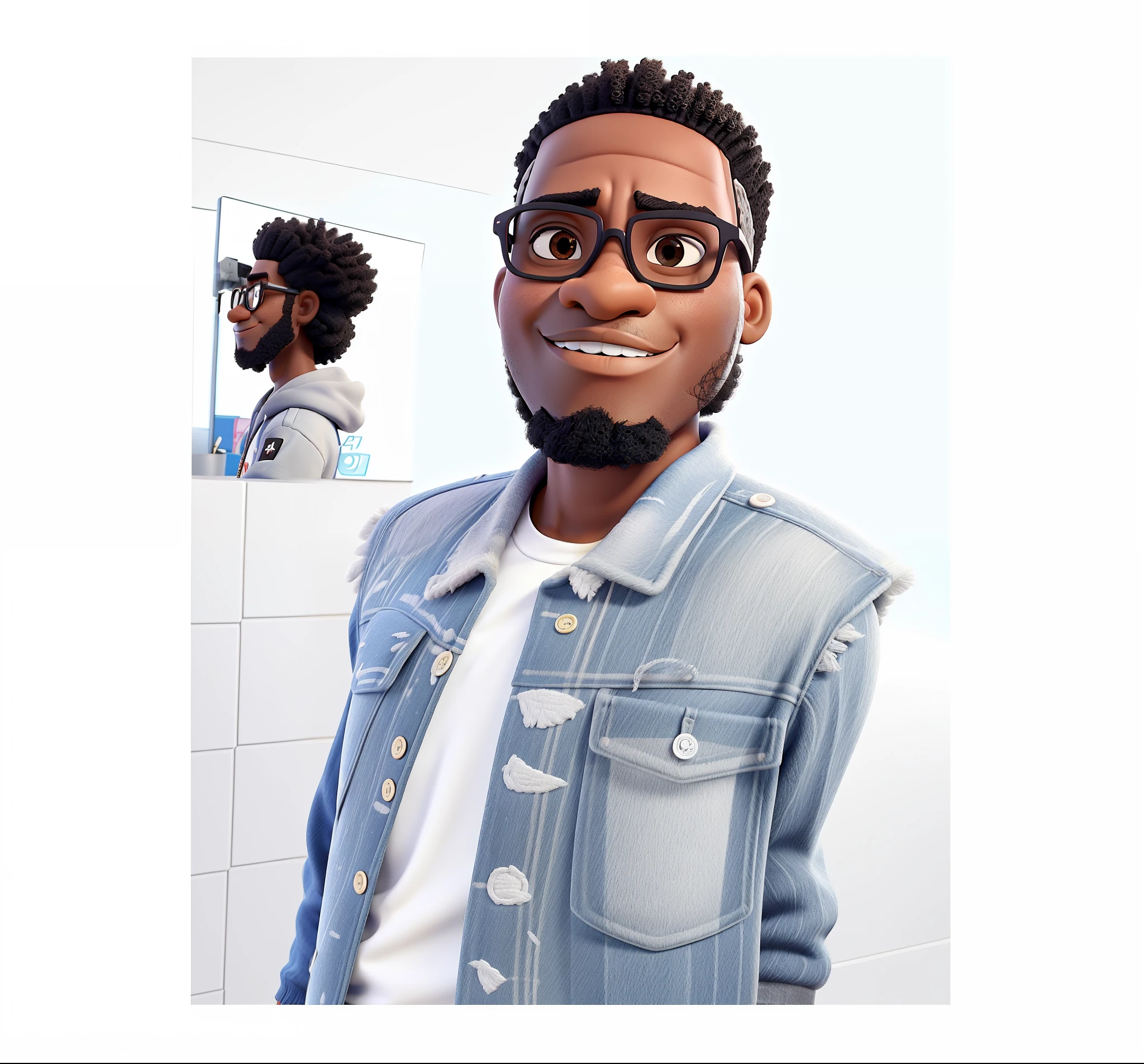 jovem negro claro de oculos escuro no balheiro com espelho reflitindo sua propia imagem cabelo afro, igual aos filmes Disney Pixar