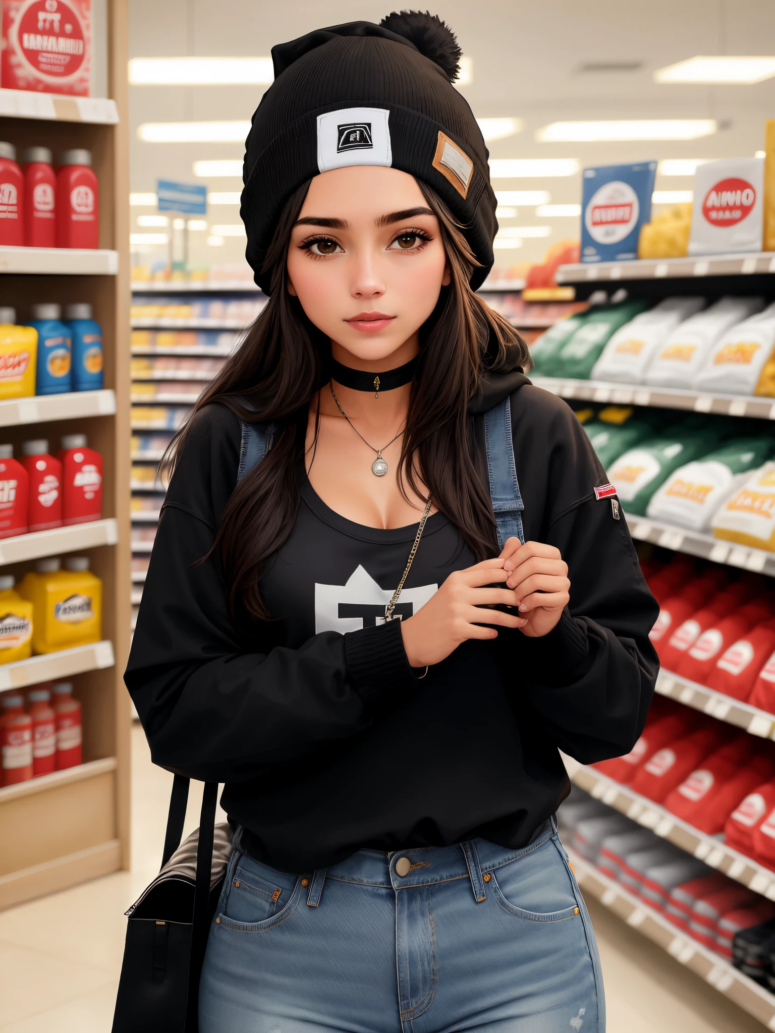 arafed woman in a hat and jeans in a store, wearing beanie, wearing a beanie, with black beanie on head, she is wearing streetwear, stood in a supermarket, wearing a chocker and cute hat, she is wearing a hat, wearing a cute hat, looks like fabiula nascimento, peruvian looking, very very low quality picture