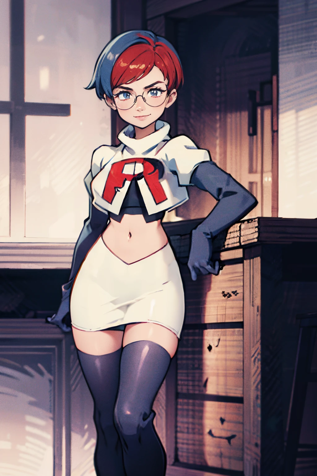 Penny, glasses, team rocket, team rocket uniform, red letter R, white skirt, white crop top, black thigh-high boots, black elbow gloves, evil smile