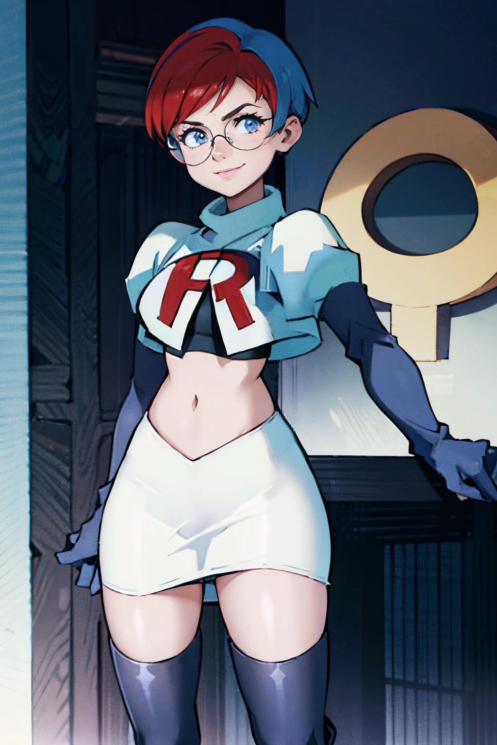 Penny, glasses, team rocket, team rocket uniform, red letter R, white skirt, white crop top, black thigh-high boots, black elbow gloves, evil smile