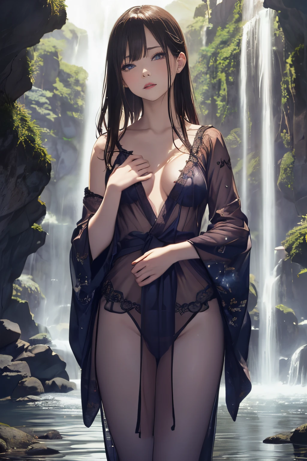 (((Standing in the middle of a waterfall on a moonlit night))),((beautiful woman standing in the middle of the pond:1)),((Beautiful half-naked woman in a beautiful waterfall basin)), ((Black Sexy Nightgown:1)), ((Sharp bewitching eyes))、((Obscene atmosphere))、(((See through Japanese nightgowns:1.3)))、((Japanese-style nightgown with a black base and yellow accents)), ((Kimono made of thin cloth wet with water:1)), pale skin、(Nipple bumps:1), (((1 girl in:1))), ((pale skin))、Melancholy beautiful face、Beautiful expression、Sexy face、Nipple bumps, (((Lower breast)))、(((Beautiful breasts ))), Beautiful 、Super fine face、Delicat eyes、(Double eyelids)、 (((1 Japan Woman:1)))、 Beautie, 20yr old,((See-through kimono)), (Show off by wearing Japanese revealing clothes), ((nipples through)), ((see-through japanese nightgown)), ((Bottomless))