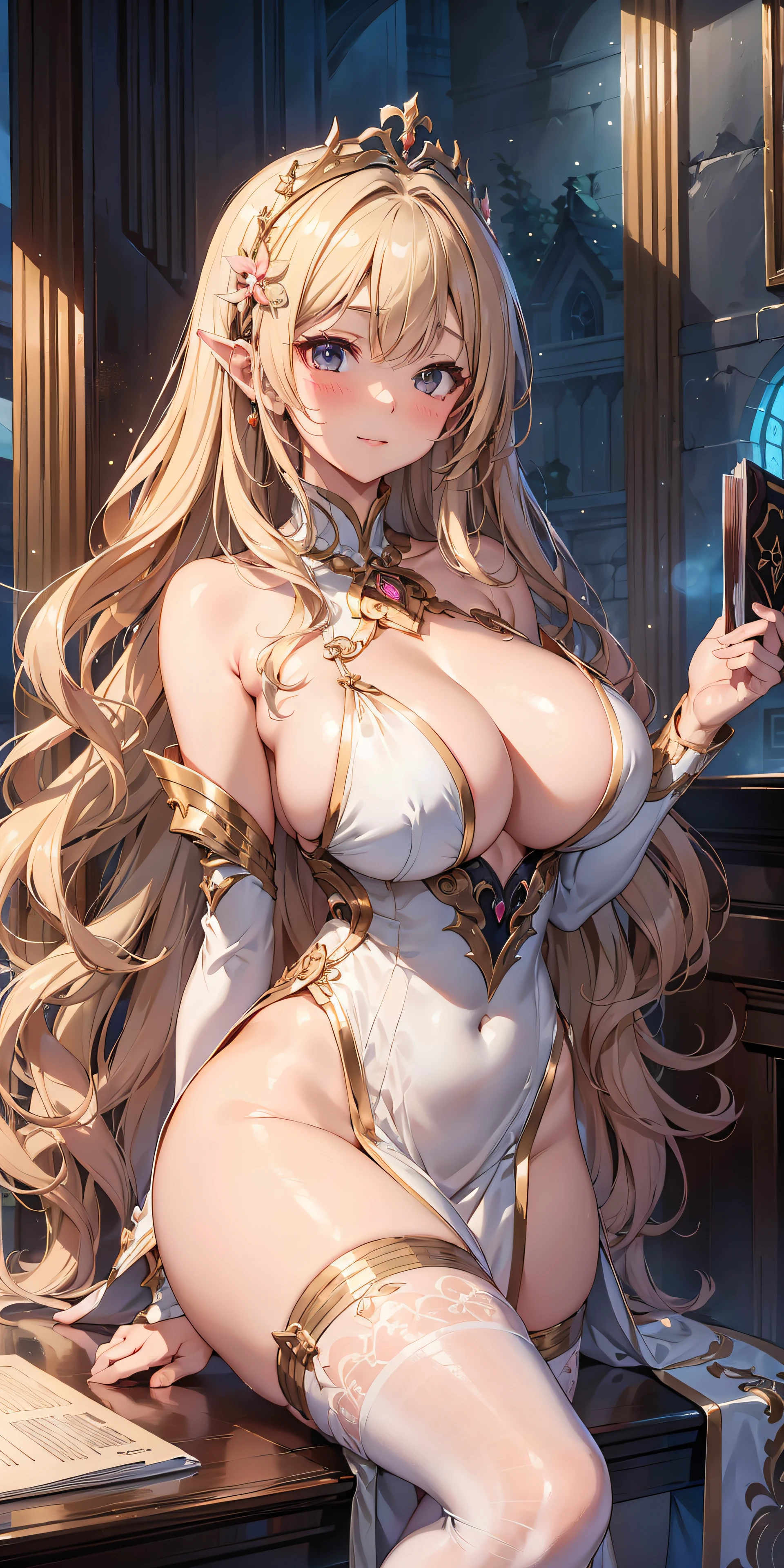 masutepiece, Best Quality, the Extremely Detailed CG Unity 8K Wallpapers, beauty queen costume, Long dark blonde wavy hair、gorgeous dress、Luxurious hair ornaments、Medium milk, Puffy nipple、Blushing, Shy laughter, Bare shoulders、sexy hips、high-heels、Luxurious magic wand and book、Church of the castle、sexy pose、(Poses that emphasize the buttocks)、Emphasis on the chest