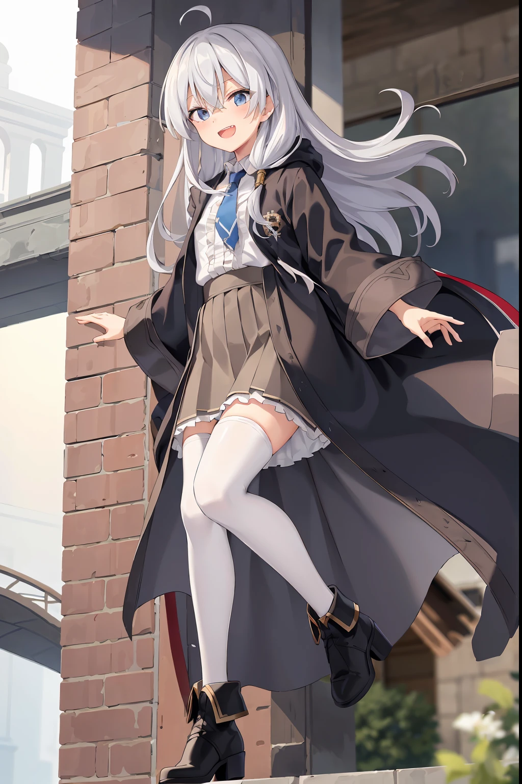 (masterpiece, best quality, highres),
elaina, solo, skirt, white legwear, shirt, smile, long hair, open mouth, sky, white shirt, thighhighs, blue necktie, looking at viewer, :d, long sleeves, boots, white thighhighs, upper teeth only, cloak, brown skirt, water drop, cloud, teeth, high heels, black footwear, frills, braid, outdoors, high-waist skirt, collared shirt, robe, black robe, open robe