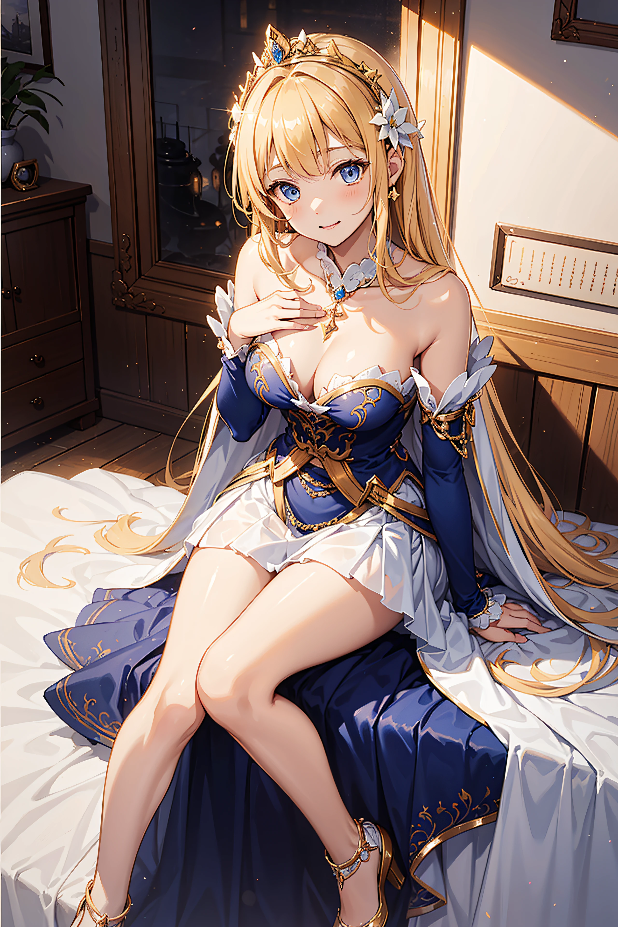 teens girl，Enchanted，divine，Being in love，medium chest、Pose Seductive，(princess dress:1.2)，Dark-blonde hair，e Blue Eyes，maximalism，Multi-layered delicate frills，Lots of races，(Delicate pattern:1.1)，(exquisite costumes:1.1)，(Yellow-white tone)，Princess Crown，see-through transparent clothes，beautifull detailed face，Bedroom scene in Western mythology，the night，solo person，(flowing skirt:1.1)，beautiful dear et al.、，Lace,(shine:1.2), (Best Quality), (masutepiece:1.2),