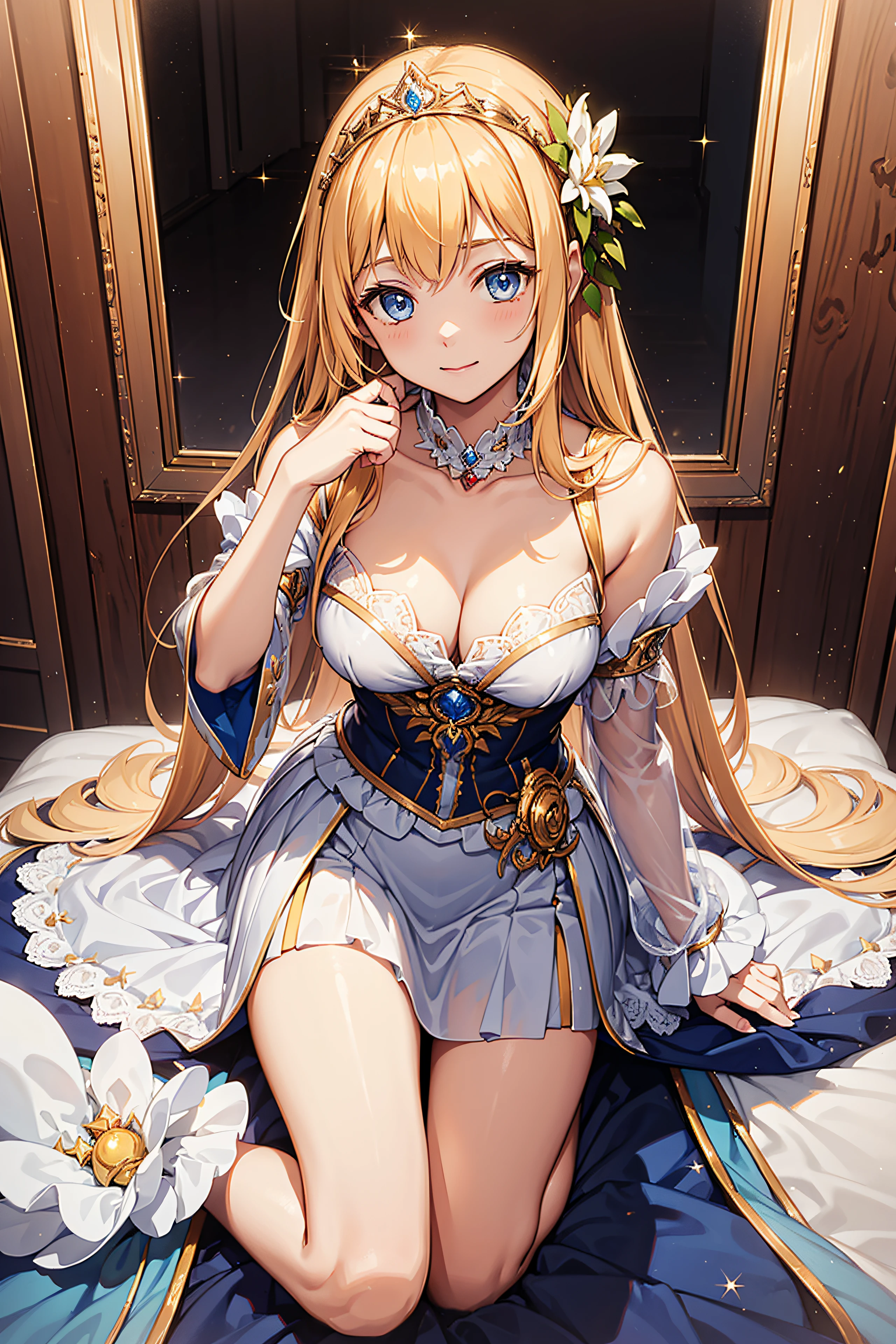 s girl，Enchanted，divine，Being in love，medium chest、Pose Seductive，(princess dress:1.2)，Dark-blonde hair，e Blue Eyes，maximalism，Multi-layered delicate frills，Lots of races，(Delicate pattern:1.1)，(exquisite costumes:1.1)，(Yellow-white tone)，Princess Crown，see-through transparent clothes，beautifull detailed face，Bedroom scene in Western mythology，the night，solo person，(flowing skirt:1.1)，beautiful dear et al.、，Lace,(shine:1.2), (Best Quality), (masutepiece:1.2),