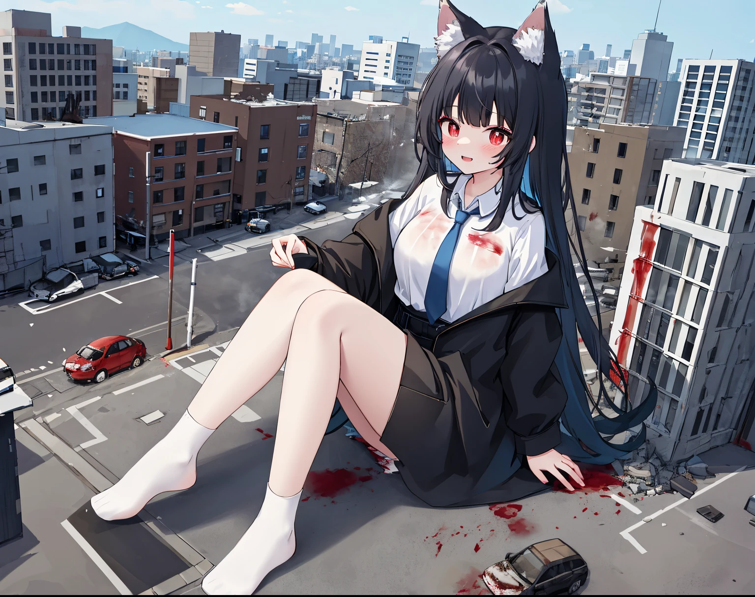 1个Giant Breast Girl, , Full body lesbian,100 meters tall girl， Bigger than a building,no shoe，Black jacket with white shirt ，a blue tie，black hair color hair，Wolf ears，Light red eyes，A cold expression， Destroyed buildings, Sit on a destroyed building，Put one foot on the car，The one who was trampled to death，There was blood on the ground，Blood adhesions，The socks were stained with blood，GTSC city, as a giantess, Bright pupils, ssmile, naghty face, 16k, high high quality, high detal, Anatomically correct, ctextured skin，Steam coming out of feet，