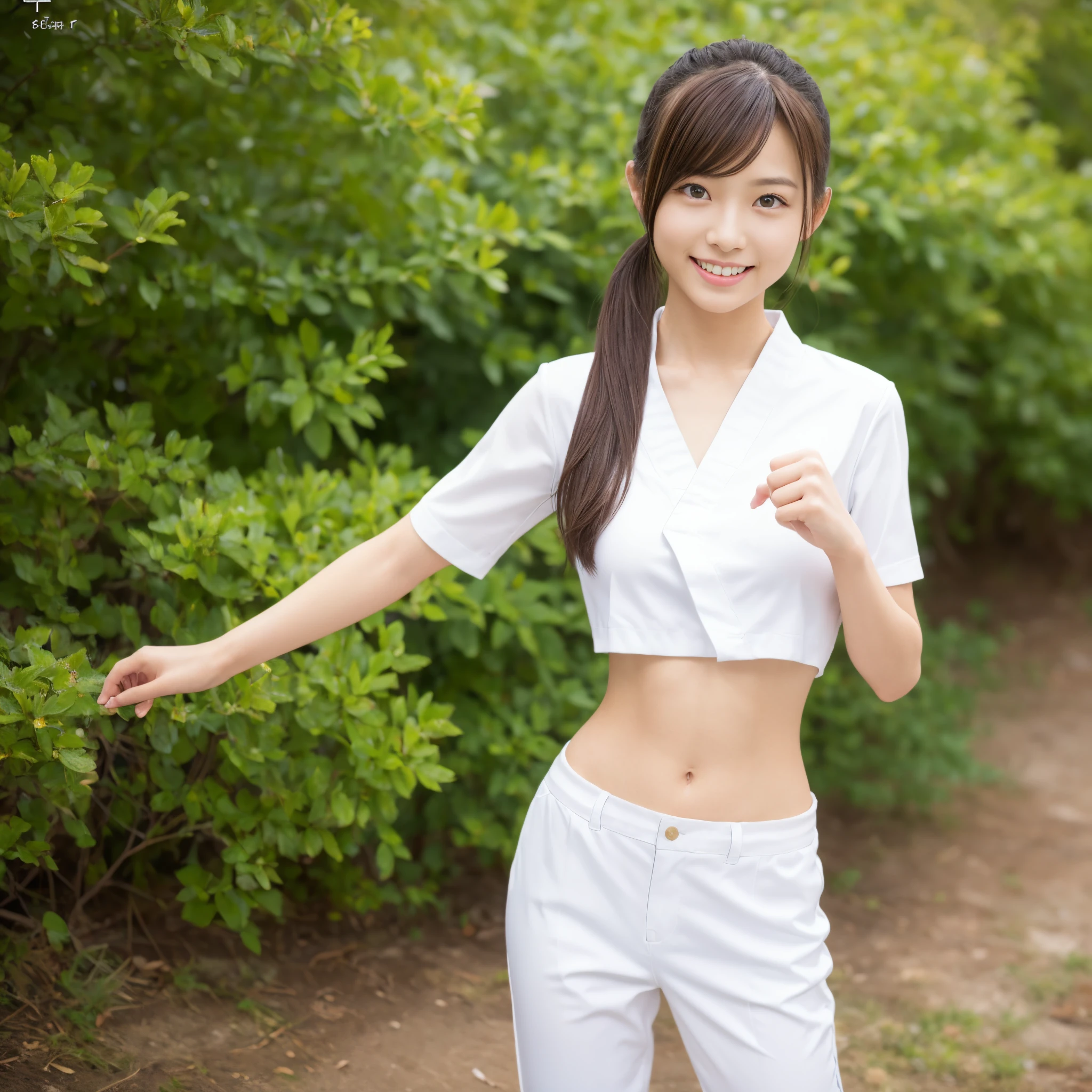 (Photorealsitic)(sixteen years old), Pretty Woman, (Full body 8K portrait), 1 girl in, White Karate Uniform, White karate pants, Large bust,Stand alone, Large and dynamic hand and foot movements, Stick out your fist, Make a high side kick, Correct skeleton, Perfect facial detail, (Smile: 1.15), attractive beautiful face, gazing at viewer, a small face, 二重まぶた, Beautiful detailed eyes, long eyeslashes, ligh brown hair, poneyTail, Toned waist, Beautiful thin legs, toned ankles, bare-legged ,TOKYOcty, background blue, no nsfw