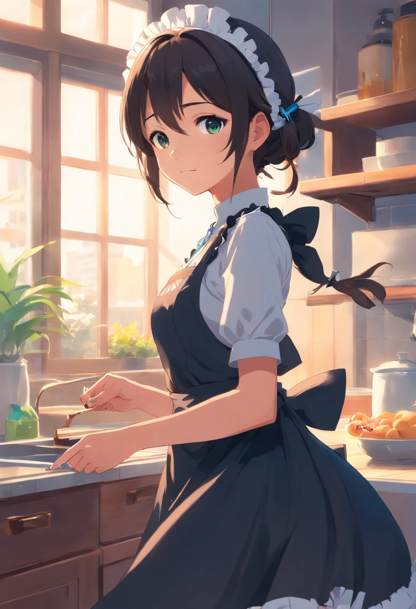 Sexy maid outfit, long black hair, wide ass, erect chest, stretchy