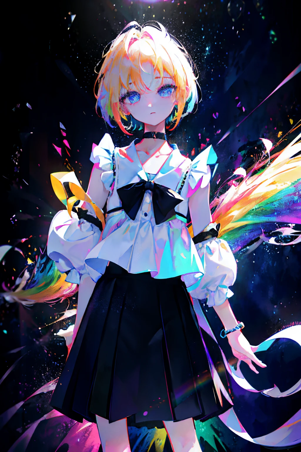 Rainbow on background、Irridescent color、colourfull、top-quality、超A high resolution、(Photorealsitic:1.4)、Female 1 Person、Sleeveless white buttoned shirt、Black skirt、Black Choker、cute little、(Kpop Idle)、(attractiveness:1)、(Platinum Blonde Hair:1)、((Puffy eyes))、Look at the viewer、full body Esbian、Facing the front