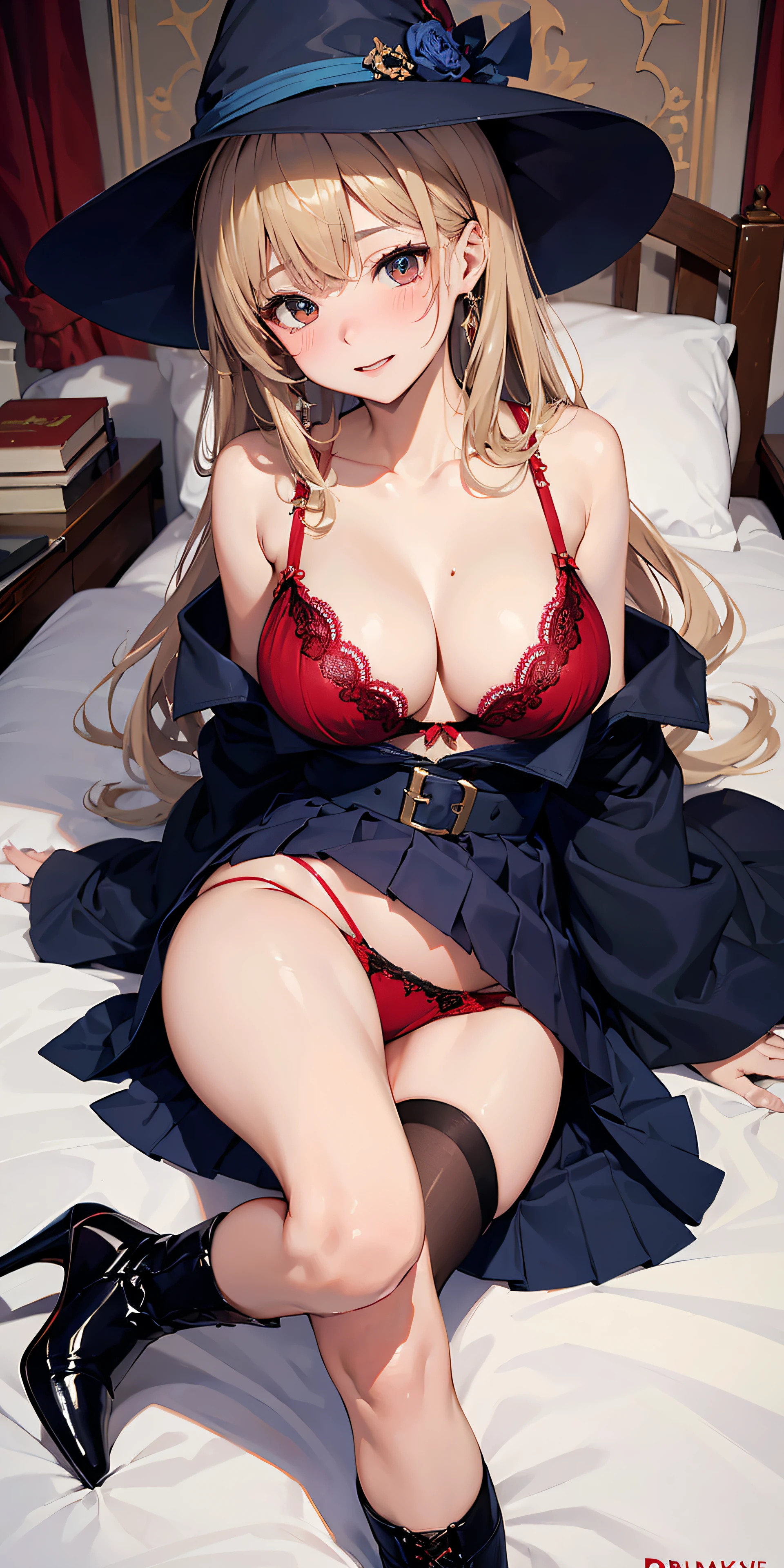 Adult Woman,  Witch Cosplay, Long dark blonde wavy hair、off-shoulder knit, (darkblue pleated skirt), Medium milk, Blushing, Shy laughter,  shoulders、(Poses that emphasize )、 、red lace brassiere、Red lace panties、Black High Heels、Luxurious magic wand and book、lying on the bed in the castle、  pose、(( visible))、((embarassed expression))