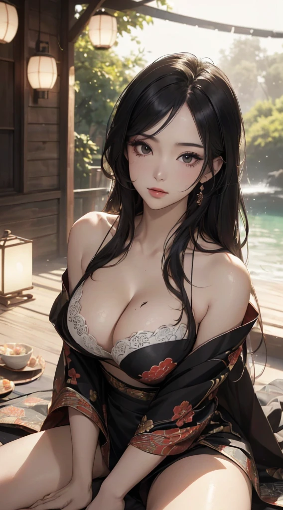 (((8k wallpaper of extremely detailed CG unit, masterpiece, 超A high resolution:1.2, top-quality:1.2, masutepiece))), ((extremely beautiful lady, extremely detailed beautiful face, Highly detailed black eyes, Very beautiful body, Top quality real texture skins, A dark-haired, de pele branca, Fancy makeup, sexy kimono, sitting on)), (Exposed cleavage, The front of the body is exposed:1.3, exposed thighs:1.3), paper lanterns:1.2, Eau, hyper realisitic, digitial painting,