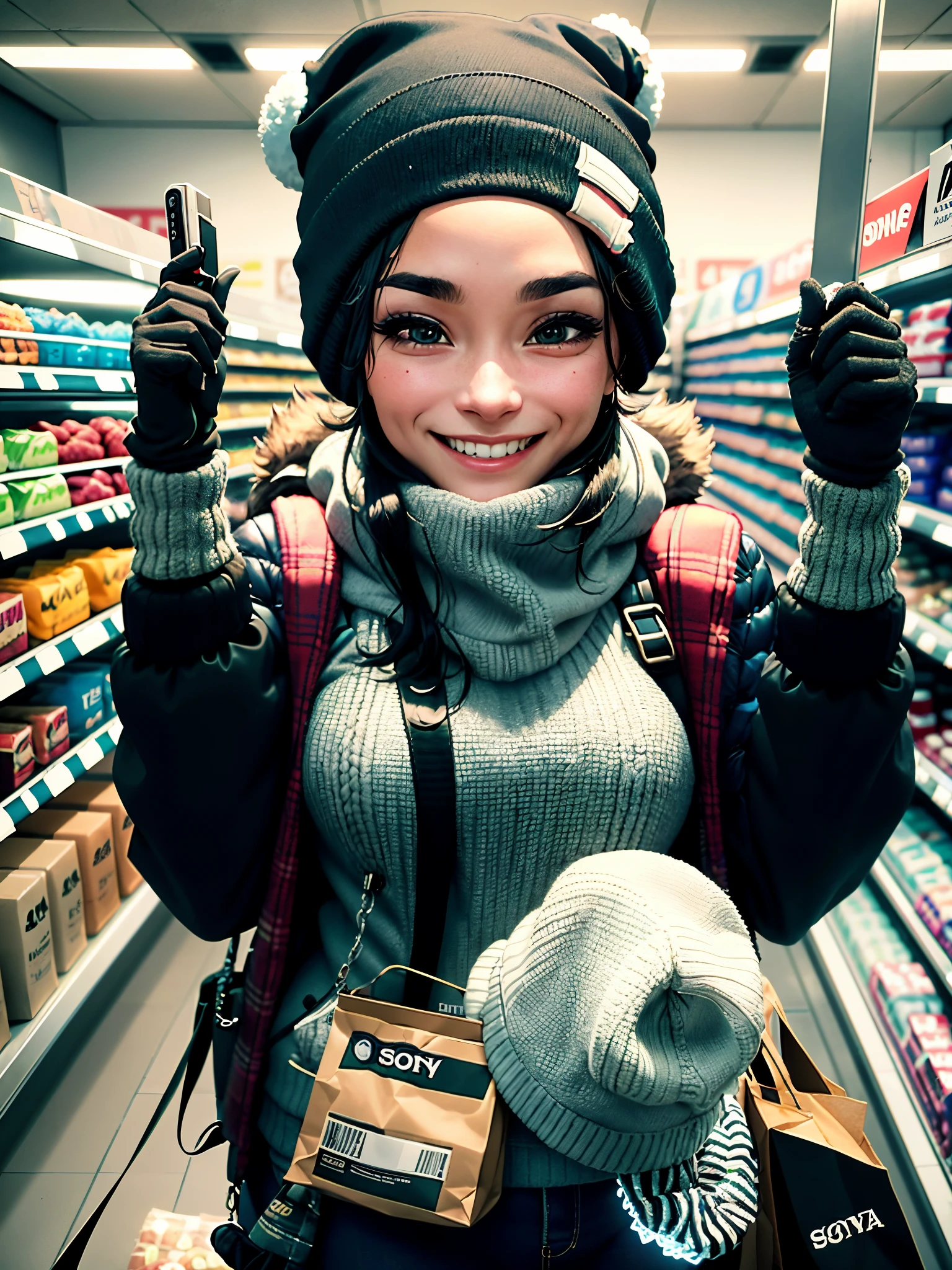 arafed woman in a store with a hat and gloves, wearing beanie, candid picture, wearing a beanie, stood in a supermarket, wearing a cute hat, taken with sony alpha 9, cold as ice! 🧊, with black beanie on head, taken with canon 8 0 d, with a weird hat, satisfied pose, candid photo, with a happy expression