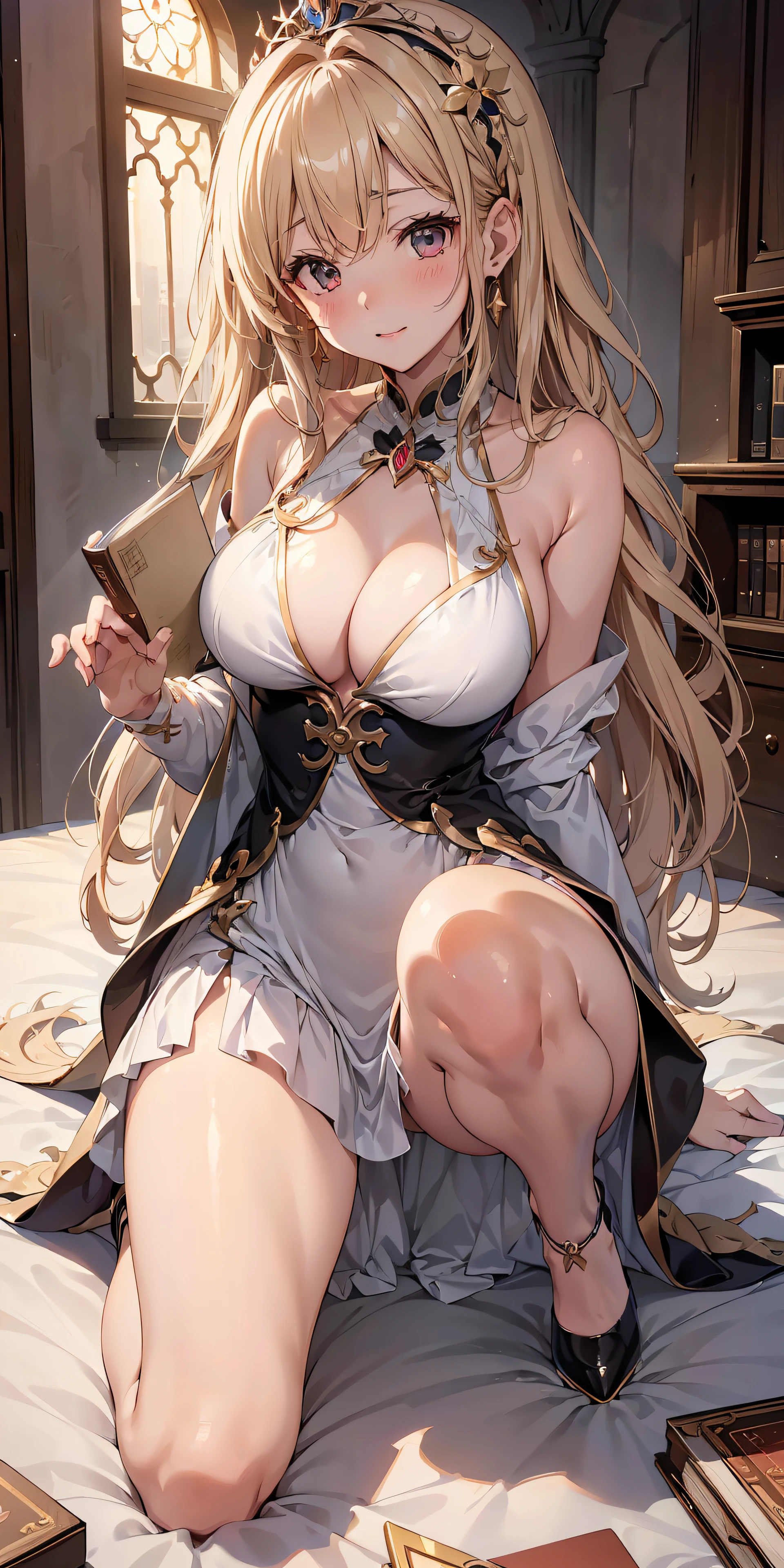 masutepiece, Best Quality, the Extremely Detailed CG Unity 8K Wallpapers, beauty queen costume, Long dark blonde wavy hair、gorgeous dress、Luxurious hair ornaments、Medium milk, Puffy nipple、Blushing, Shy laughter, Bare shoulders、sexy hips、high-heels、Luxurious magic wand and book、Church of the castle、sexy pose、(lyin in bed)、(((Open knees、open one's legs)))