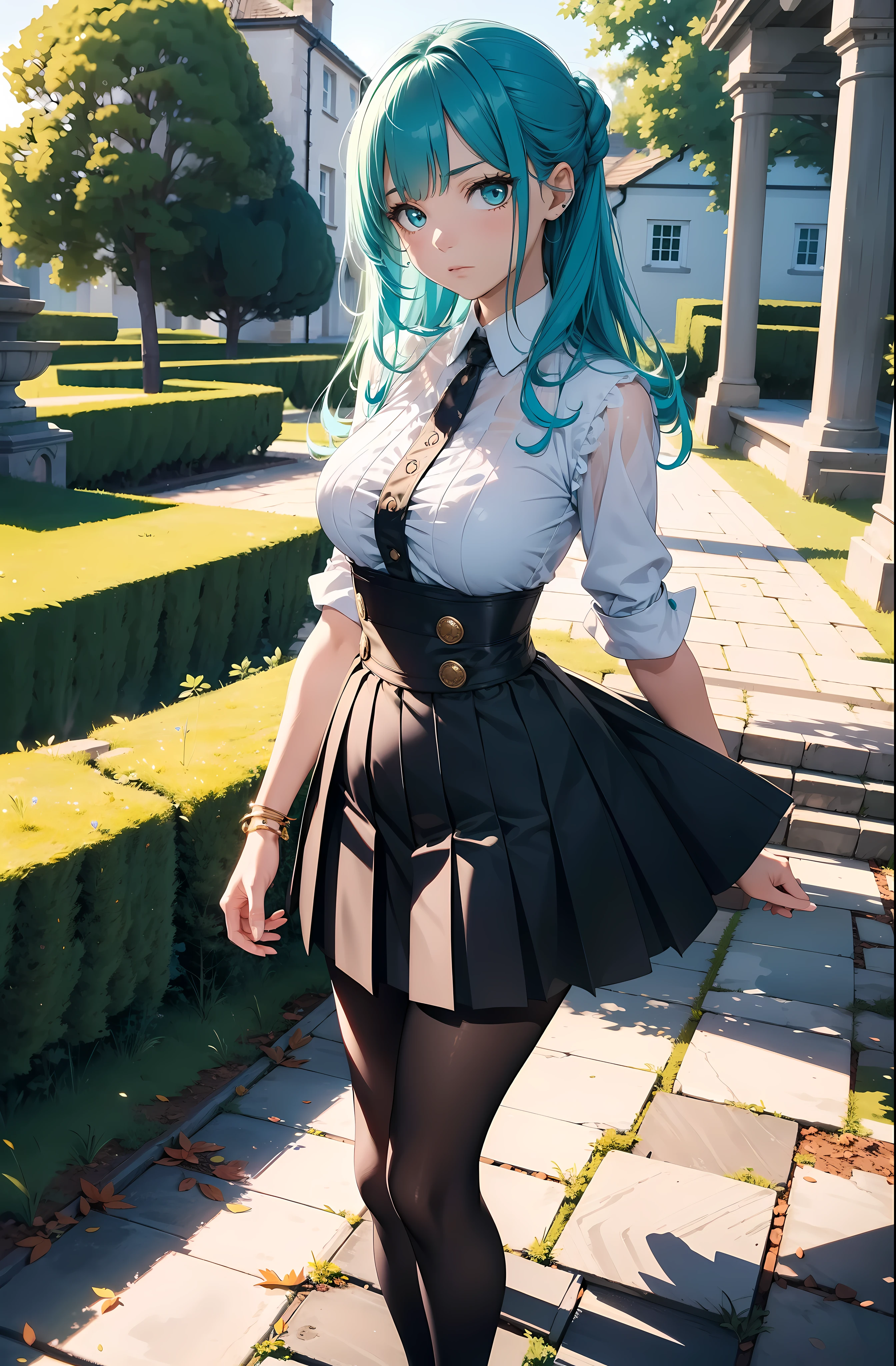 3DMM Style, (masutepiece, Best Quality), Intricate details, 1girl in, Solo, Green hair, flower hair clip, Green dress、a short skirt、Angle from below、 Looking at Viewer,｛{{skirt lift by yourself}}｝、{{{white  panties}}｝、pretty Panties、{{Panties exposed}}、{{Deep Camel Toe}}、{{Distinct man muscle}}