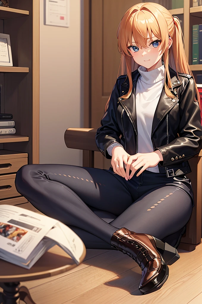 {{masterpiece}}, {{best quality}}, {ultra-detailed}, {{extremely detailed}}, 4K, {8K}, best quality, {beautiful}, library, personal computers, Soryu Asuka Langley, Evangelion, leather jacket, beautiful gold hair, {beautiful eyes}, triumphant look, smug look, self-satisfied look