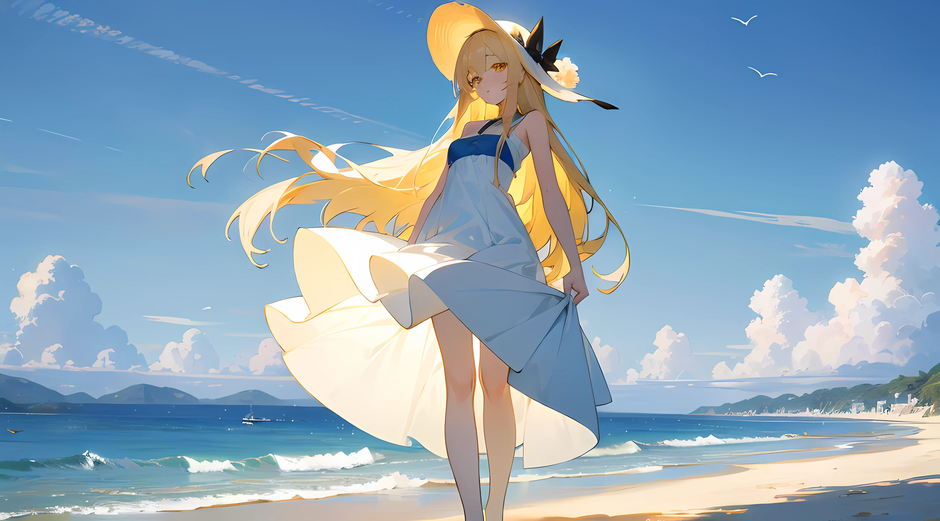 anime girl standing next to the ocean, beautiful water, beautiful blue sky, beautiful sunlight, (1girl), long blonde hair, yellow eyes, small breasts, white long dress, black stocking, sun hat, looking away from viewer, amazing visuals, beautiful anime artwork, ultrasharp, masterpiece, high res, 8k