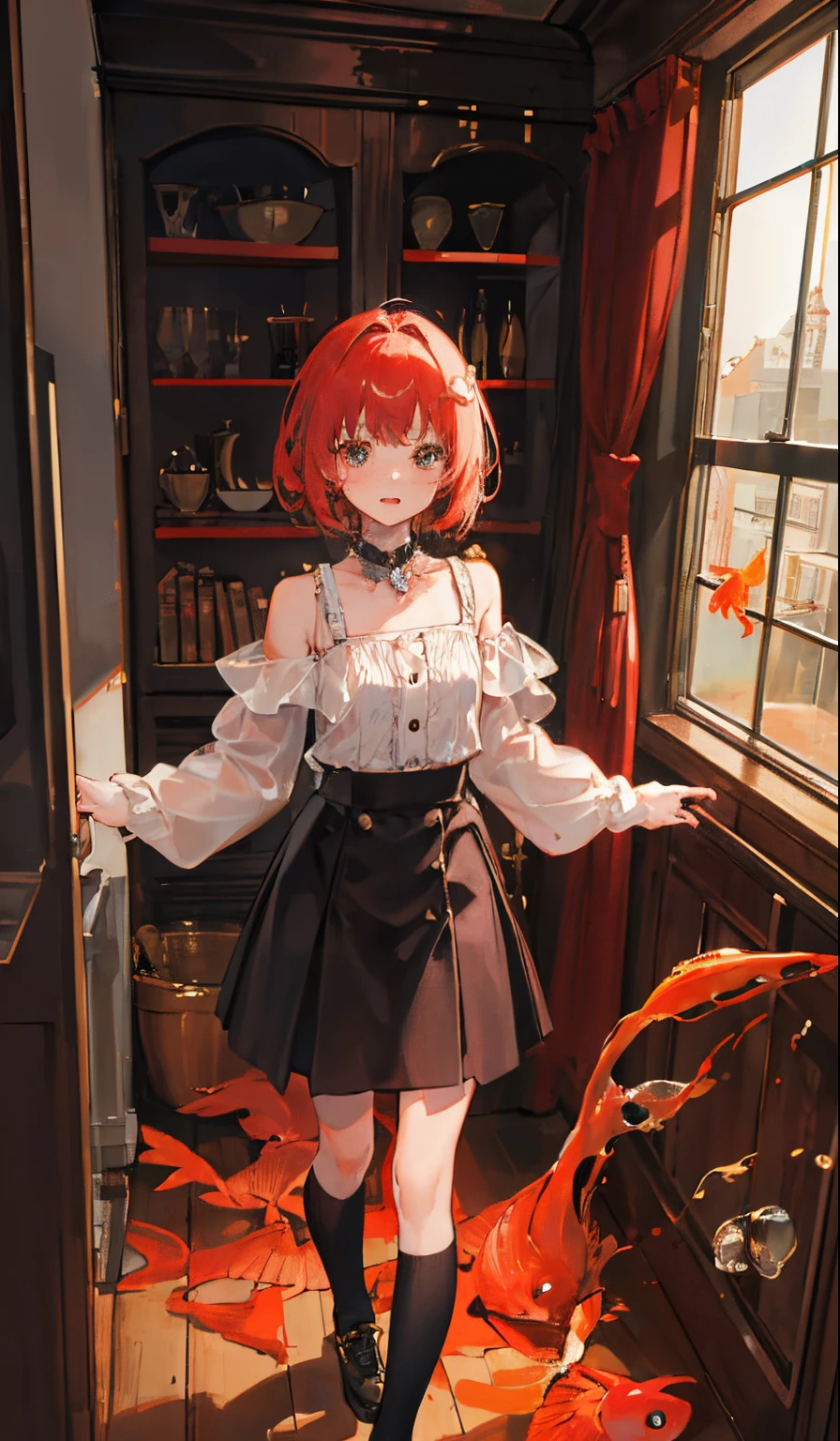 Perfect picture,,{Chiquita}{Serene,elementary student}{goldfish bowl}{hedonism}{military outfits},8 years old girl,4K picture quality, Cinematic,,{Gamine},{small body and chest,,,,,,,,} Short hair,Red-haired,cute little, perspiring