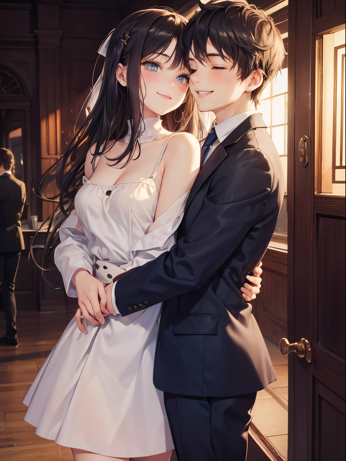 (Morning),（ 1girll：1.2）, 独奏, looking at viewert，（white dresses：1.2），Impeccable，prette，Excellent figure，夏天，Cowboy shooting，(downtown area)，Cowboy shooting，ssmile，（brunette color hair：1.3），（Pulling a young man in a suit：1.3）