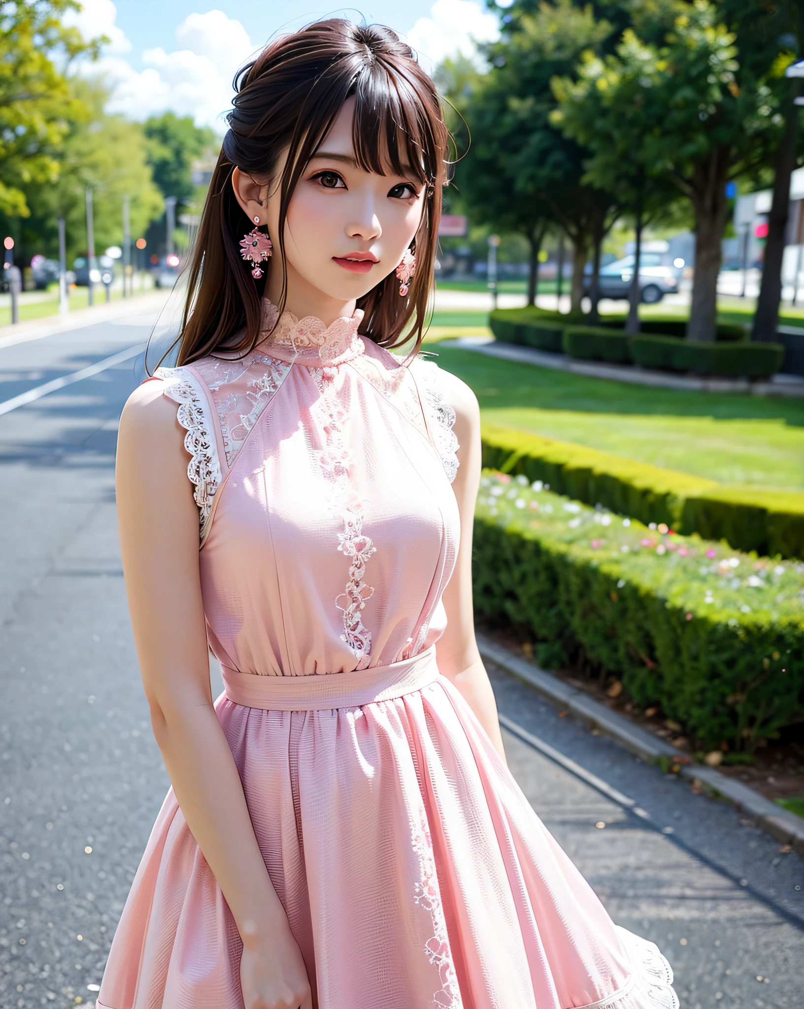 a woman posing on the street corner with pink dress on, best quality, high res, 8k, 1girl, (huge breasts), day, bright, outdoor, (street:0.8), (people, crowds:1), (lace-trimmed dress:1.5, pink clothes:1.5, pink high-neck dress:1.5, sleeveless dress, pink dress: 1.5), gorgeous, (medium hair), beautiful detailed sky, beautiful earrings, (dynamic pose:0.8), (upper body:1.2), soft lighting, wind, shiny skin, looking at viewer,