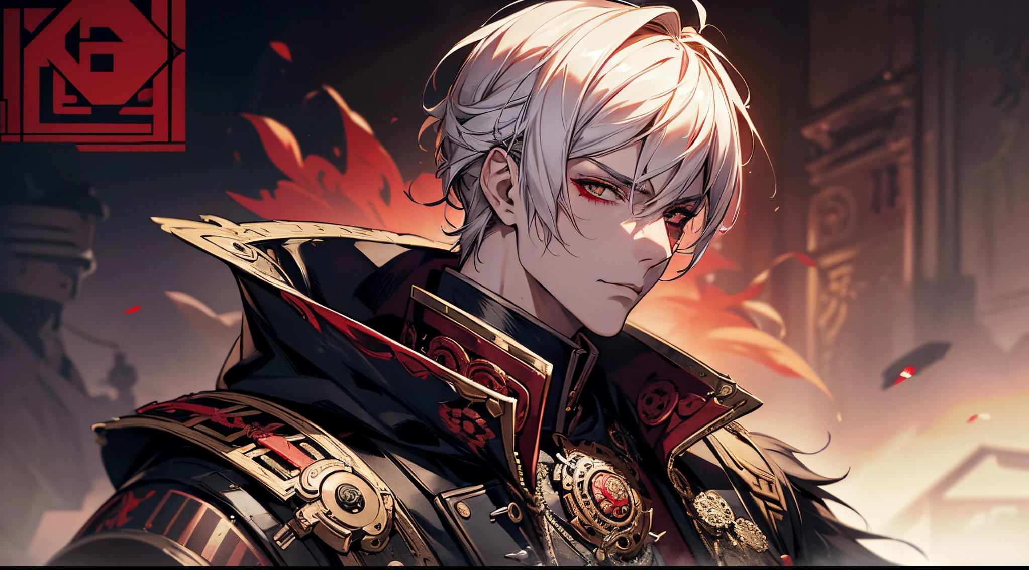 Man with white hair, Red Mask and Flower, Portrait of a cyberpunk samurai, 8k portrait rendering, hyperdetailed fantasy character, Portrait of a Bloody Hunter, ornate cosplay, rococo cyberpunk, cinematic bust portrait, steampunk male portrait, ornate mask and fabrics, Unreal 5. rpg portrait, very beautiful cyberpunk samurai, cinematic bust shot