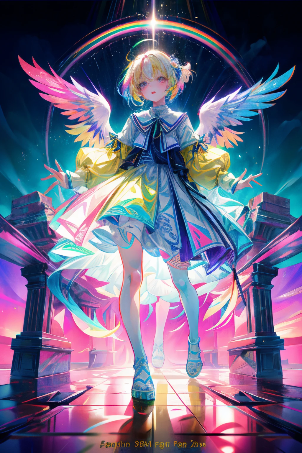 Rainbow on background、Irridescent color、colourfull、Colorful world、have a rainbow weapon、top-quality、超A high resolution、(Photorealsitic:1.4)、Female 1 Person、(Kpop Idle)、(attractiveness:1)、(Platinum Blonde Hair:1)、((Puffy eyes))、Look at the viewer、full body Esbian、Facing the front