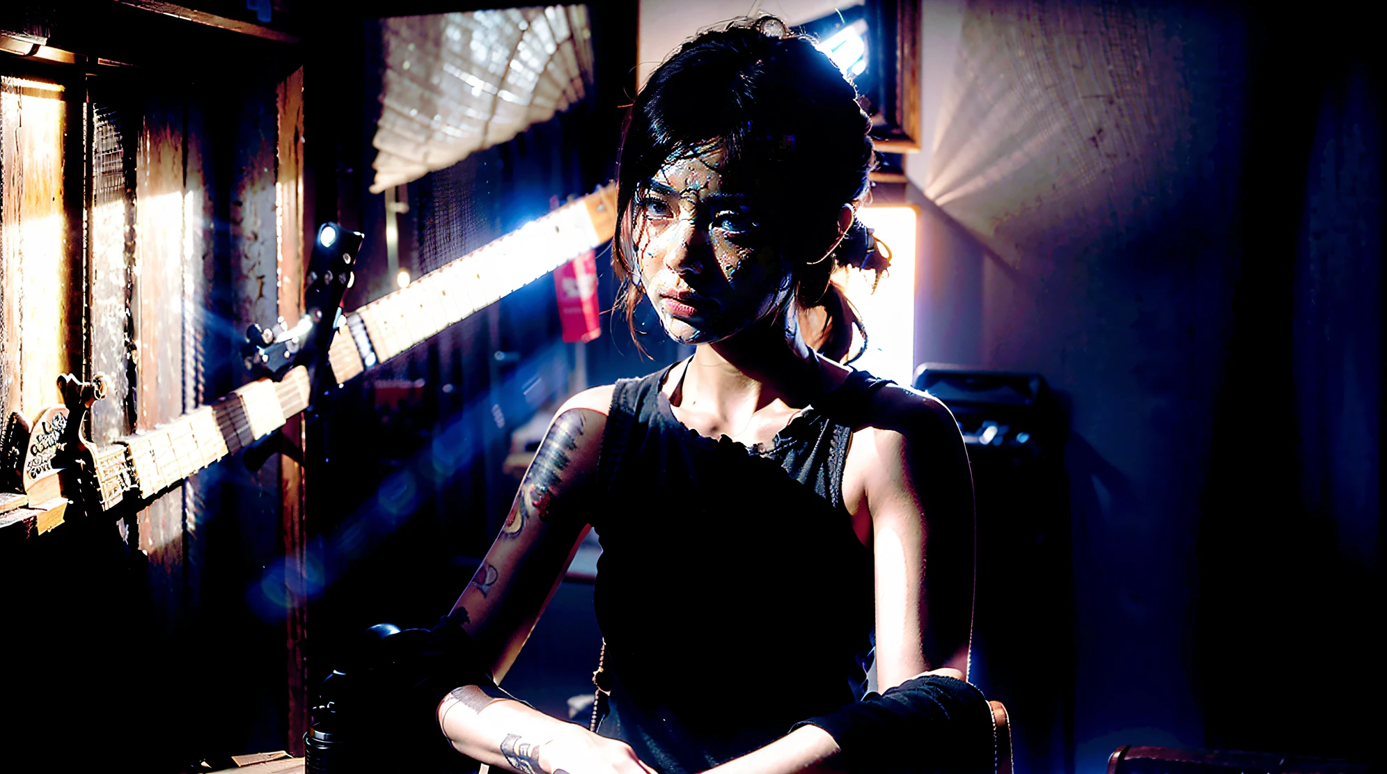 Photographic works,photo level,tmasterpiece,A girl plays guitar,dim dim lights,shabby interior,There is only a faint warm light around the girl,volumettic light,True light and shadow,grieves,Doomsday style,Style similar to the last of us game,Fallout Games,Frame 16:9