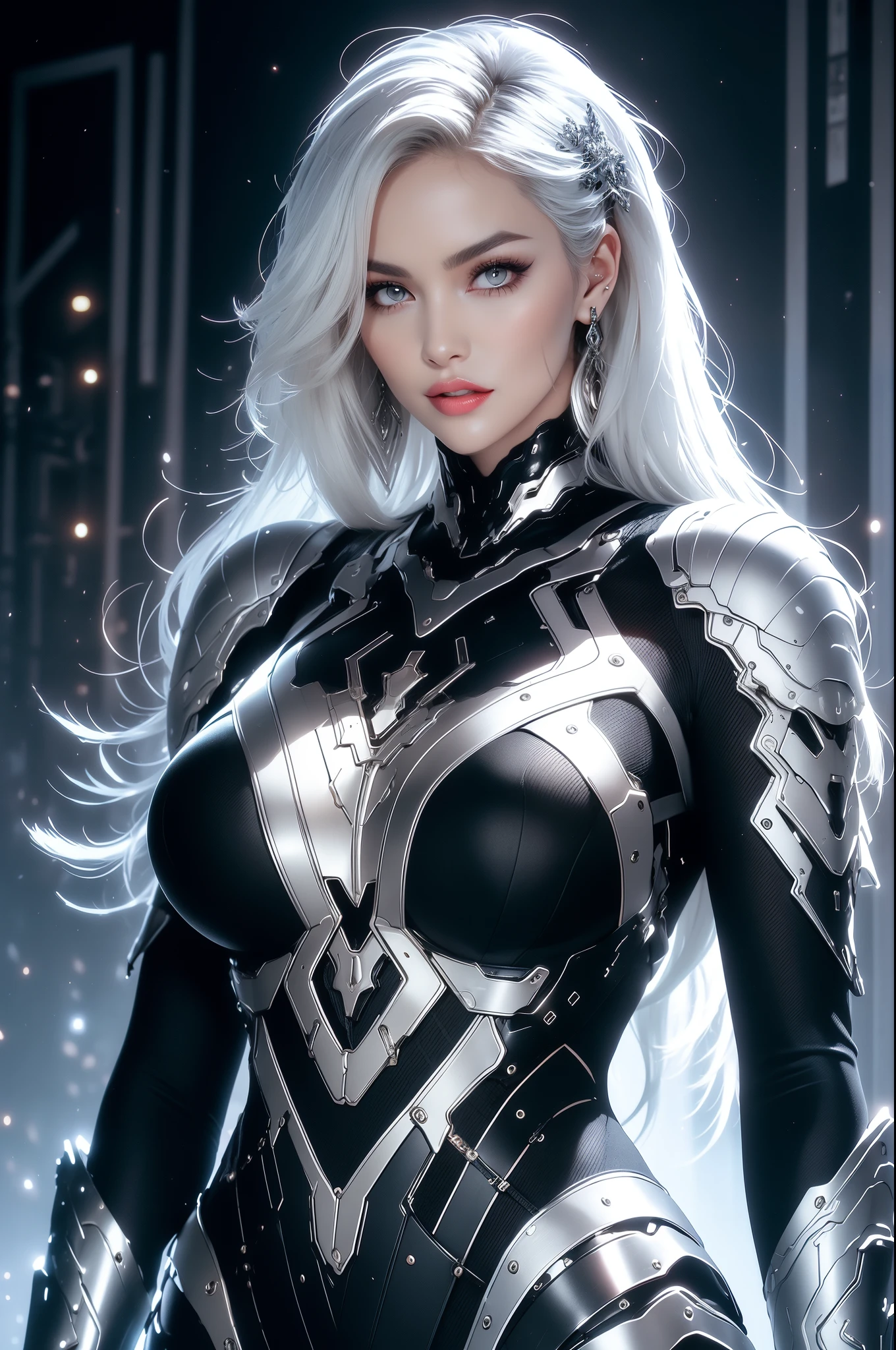 (masterpiece), best quality, expressive eyes, perfect face, beautiful details face, beautiful round eyes, upper body, A beautiful mature woman in cyber armour suit shows her Extremely busty and attractive breasts, (light smile), (platinum blue hair), glowing hair, multicolored hair, (random hairstyles, shiny hair, gradient hair, colored inner hair, (short straight hair),  medium short hair), (covered chest), fair skin, (beautiful detailed full bodysuit:1.3), full body cyber armour, glowing and shining armor, silver and blue cyber armour,(Edge lights:1.3), (silver and blue colour scheme:1.3), neon light on Armor, beautiful details eyes, (midnight blue eyes:1.2), (glowing eyes:1.2), hair ornament, (Gigantic saggy breasts:1.5), thick body, (well accentuated curves), pink lips, (silver nails), mascara, Long eyelashes, eyeliner, (Extremely wide well defined hips:1.3), (beautiful massive thick muscular thighs:1.3), has a tall slender figure, (Extremely detailed skin texture:1.1), beautiful detailed realistic muscle definition, golden fireflies that shimmer, high detailed eyes, ultra-high quality model, proportionate, intense colouration fantasy, (background Spiral galaxy), beautiful background, gold and silver tetradic colours, earrings, detached sleeves, jewelry, earring, (), (1girl), solo,