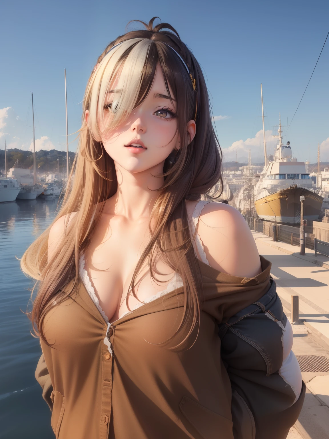 Sexy young anime girl with small exposed boobs on a beach