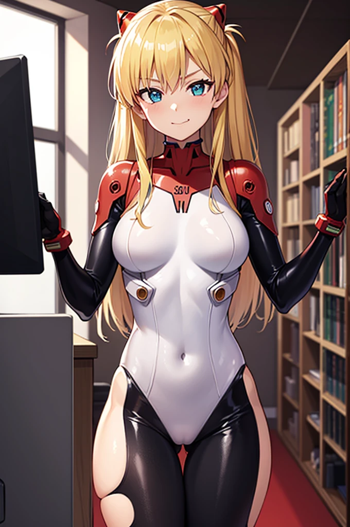{{masterpiece}}, {{best quality}}, {ultra-detailed}, {{extremely detailed}}, 4K, {8K}, best quality, {beautiful}, library, personal computers, Soryu Asuka Langley, Evangelion, latex bodysuit, beautiful gold hair, {beautiful eyes}, triumphant look, smug look, self-satisfied look