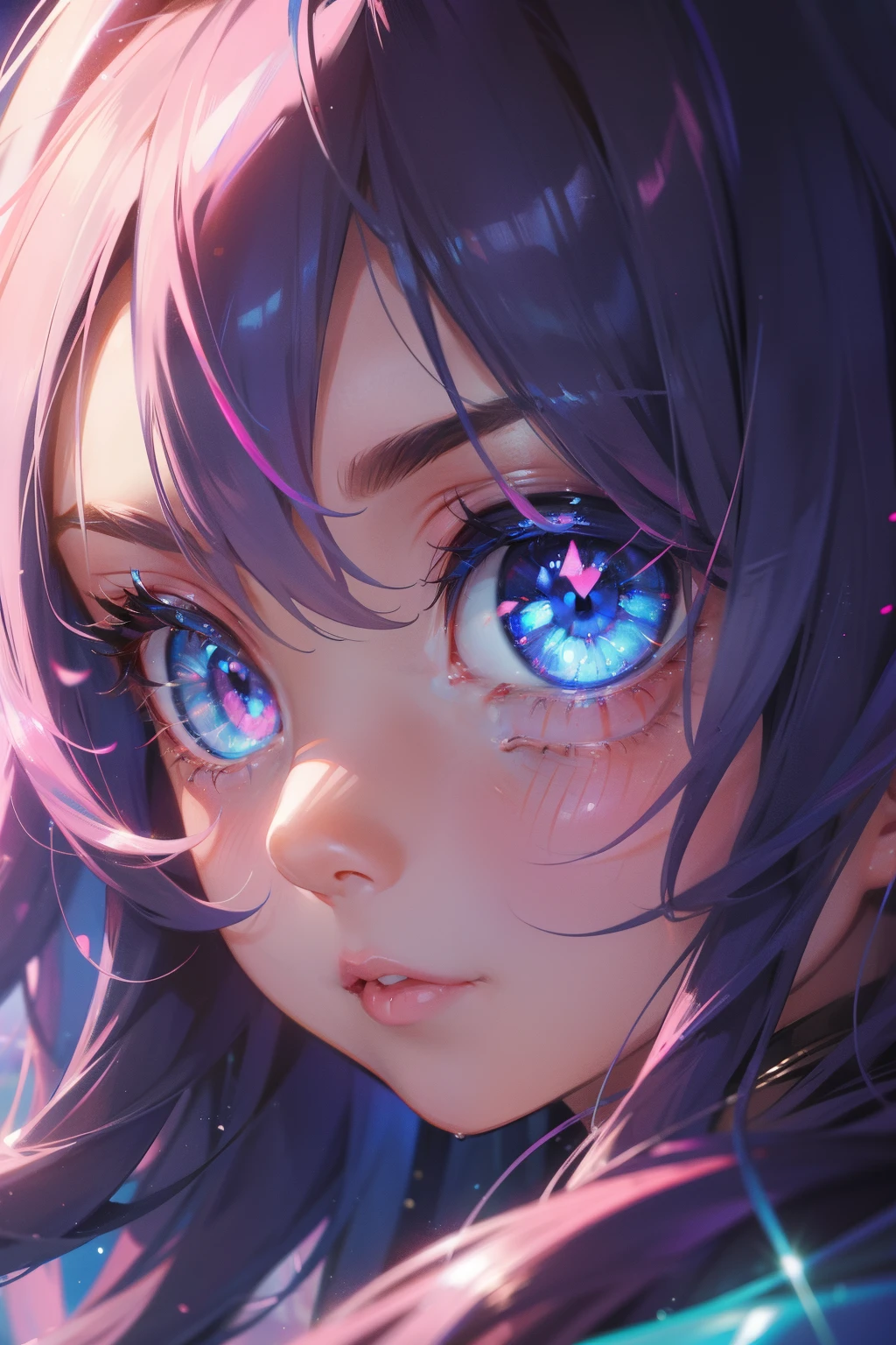 1 girl, blue eyes, close up of eyes, pink reflections,