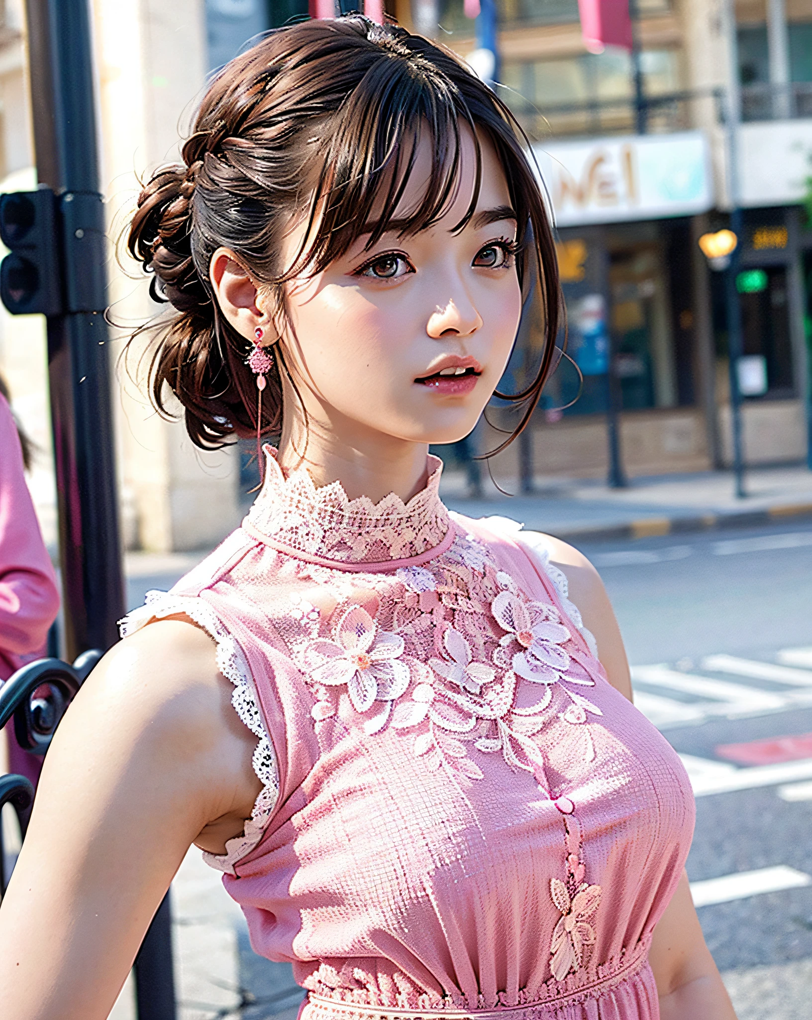 a woman posing on the street corner with pink dress on, best quality, high res, 8k, 1girl, (huge breasts), day, bright, outdoor, (street:0.8), (people, crowds:1), (lace-trimmed dress:1.5, pink clothes:1.5, pink high-neck dress:1.5, sleeveless dress, pink dress: 1.5), gorgeous, (medium hair), beautiful detailed sky, beautiful earrings, (dynamic pose:0.8), (upper body:1.2), soft lighting, wind, shiny skin, looking at viewer,