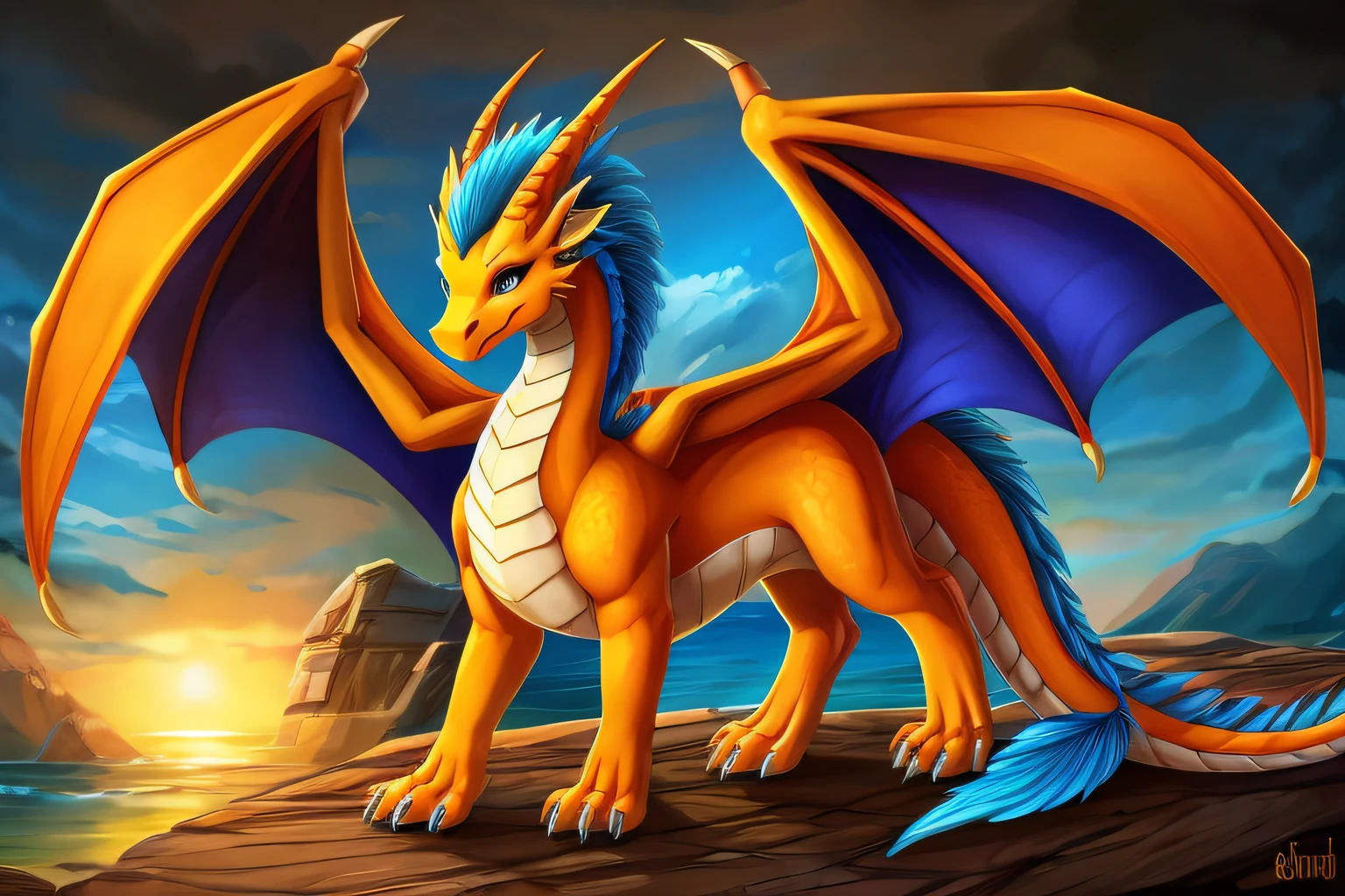 Orange Dragon, The belly is yellow, woman's, quadruped, Cute look, with wings, Blue Comb