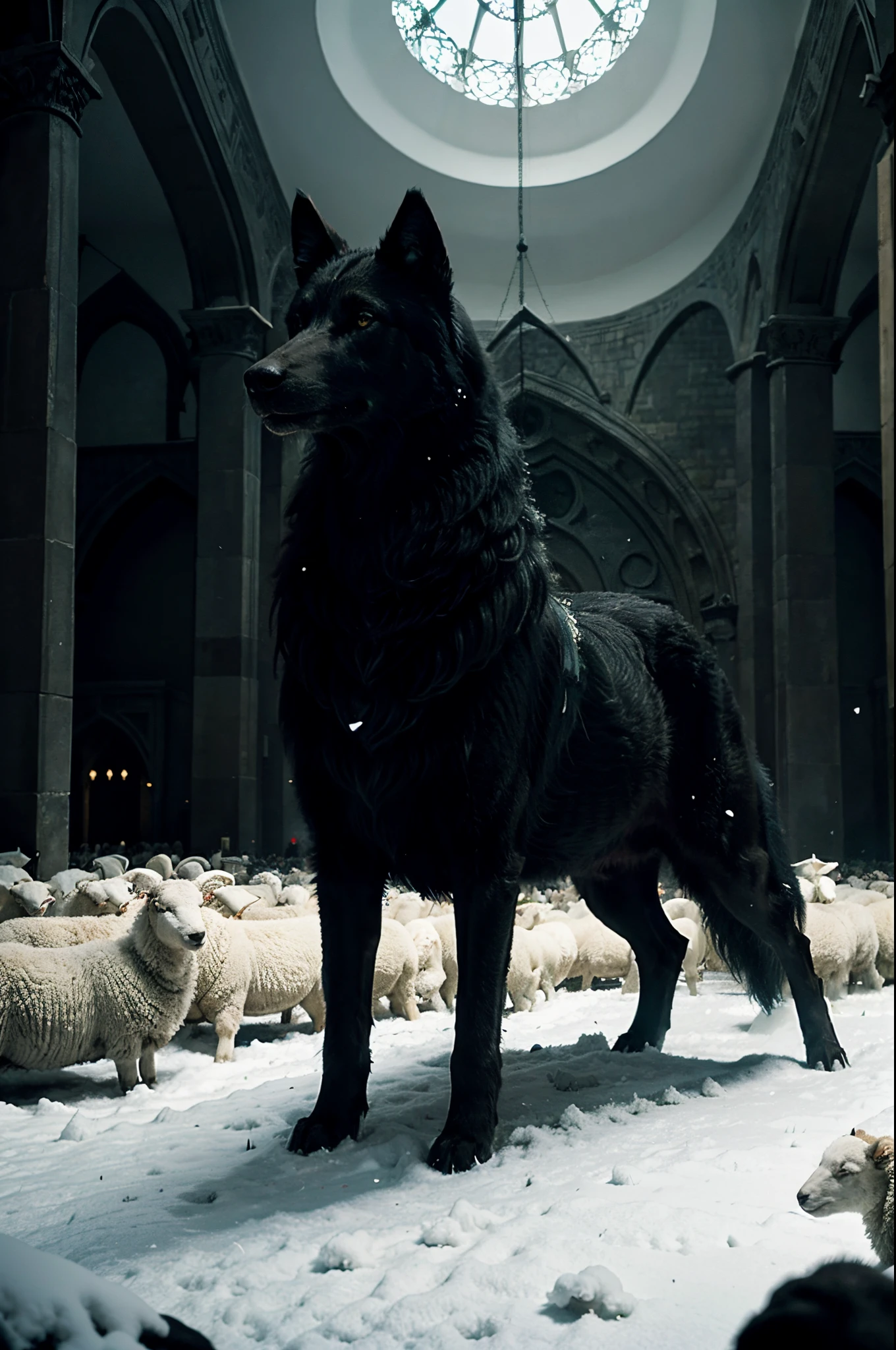 a gigantic black wolf stands in a huge flock of white sheep, Gothic art, Fujicolor, high details