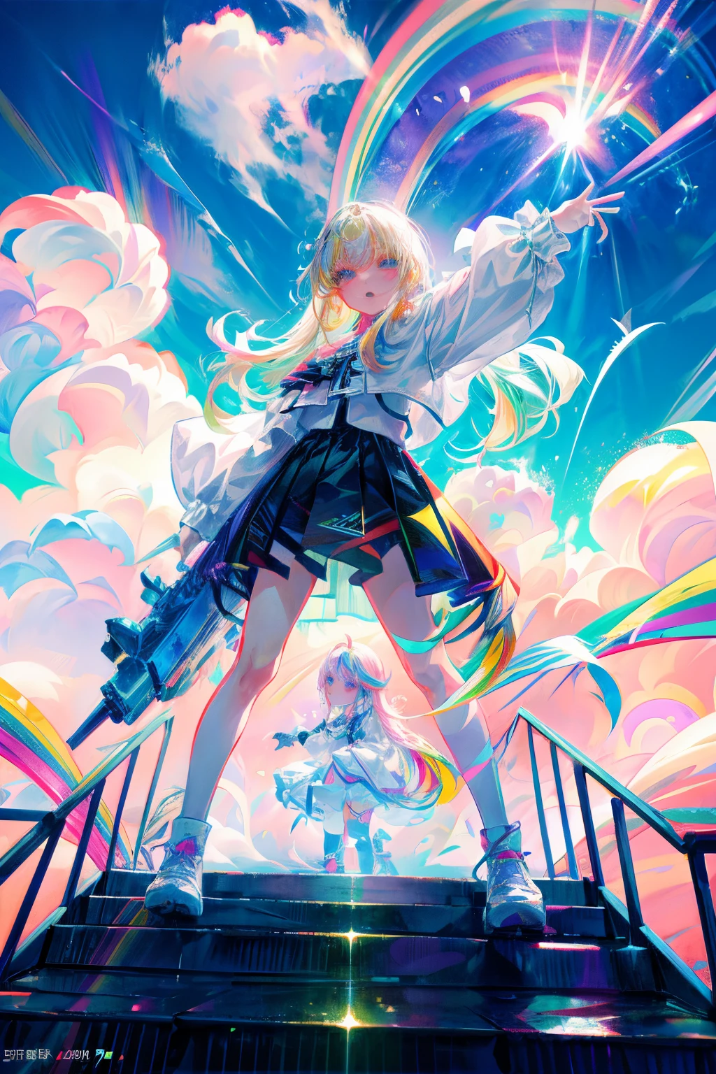 Rainbow on background、Irridescent color、colourfull、Colorful world、have a rainbow weapon、top-quality、超A high resolution、(Photorealsitic:1.4)、Female 1 Person、(Kpop Idle)、(attractiveness:1)、(Platinum Blonde Hair:1)、((Puffy eyes))、Look at the viewer、full body Esbian、Facing the front