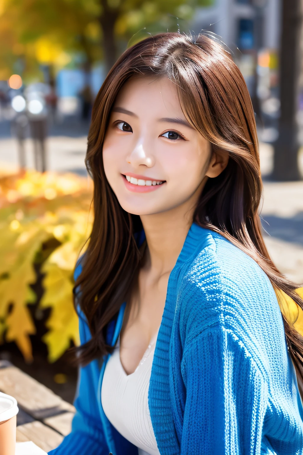 nice smile seeing this、One pretty woman、Bold poses、a smile、18 year old girl、Cute、The upper part of the body、
Under the Autumn Sky、Colorful color sweaters、Medium hair、small tits、Natural Color Lip、fair white skin、(top-quality,8K,masterpiece),Woman sitting at table with mobile phone in hand, Japanese model,A tiny,cleavage of the breast,(A detailed eye,Detailed nose,Detailed lips,lipgloss,Detailed skin), in city street,