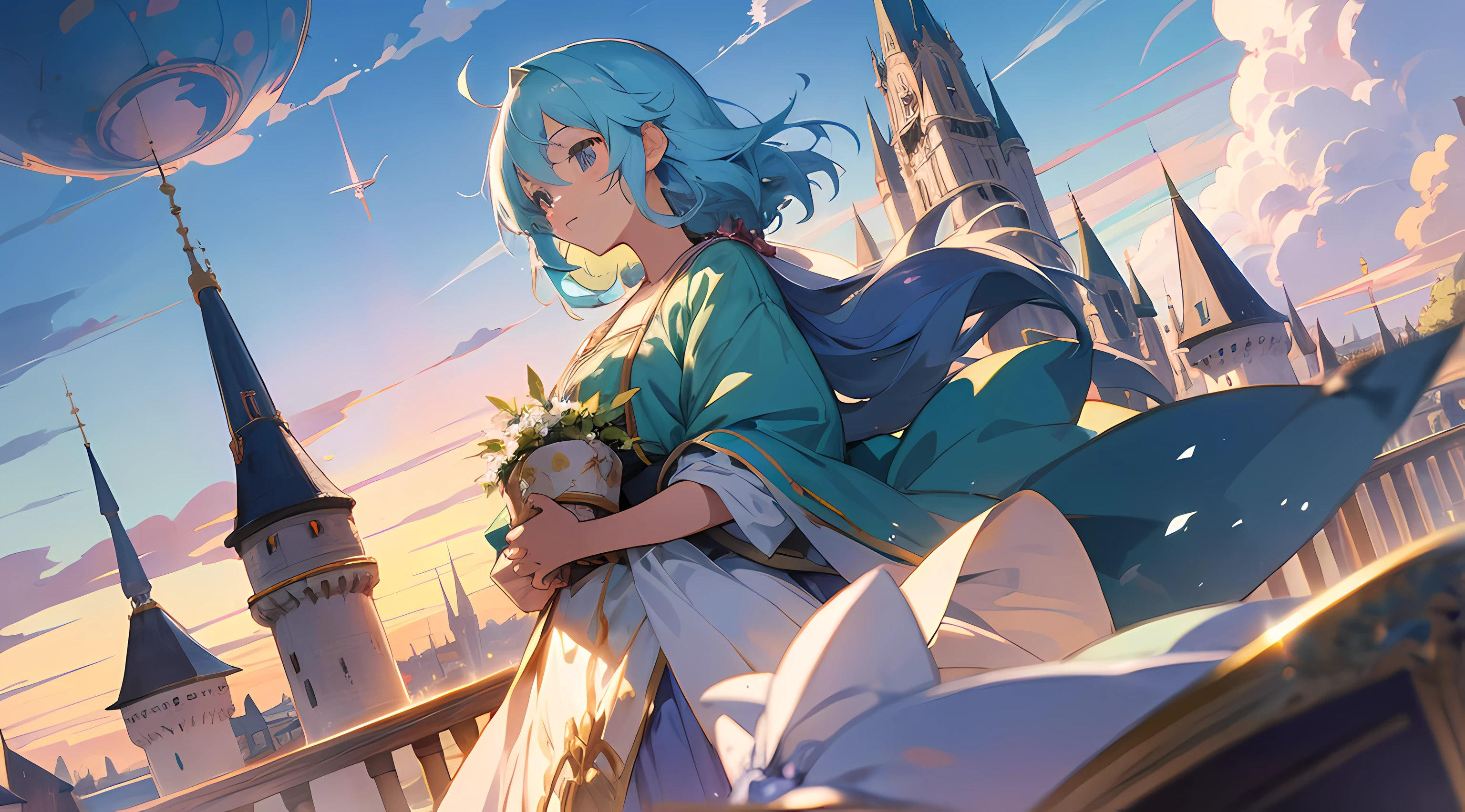 anime scene of a castle in the sky, flying cloud castle, castle in the sky style, beautiful fantasy anime artwork, huge castle, beautiful sky, colorful anime artwork, looking from center, amazing visuals, beautiful anime artwork, ultrasharp, masterpiece, high res, 8k
